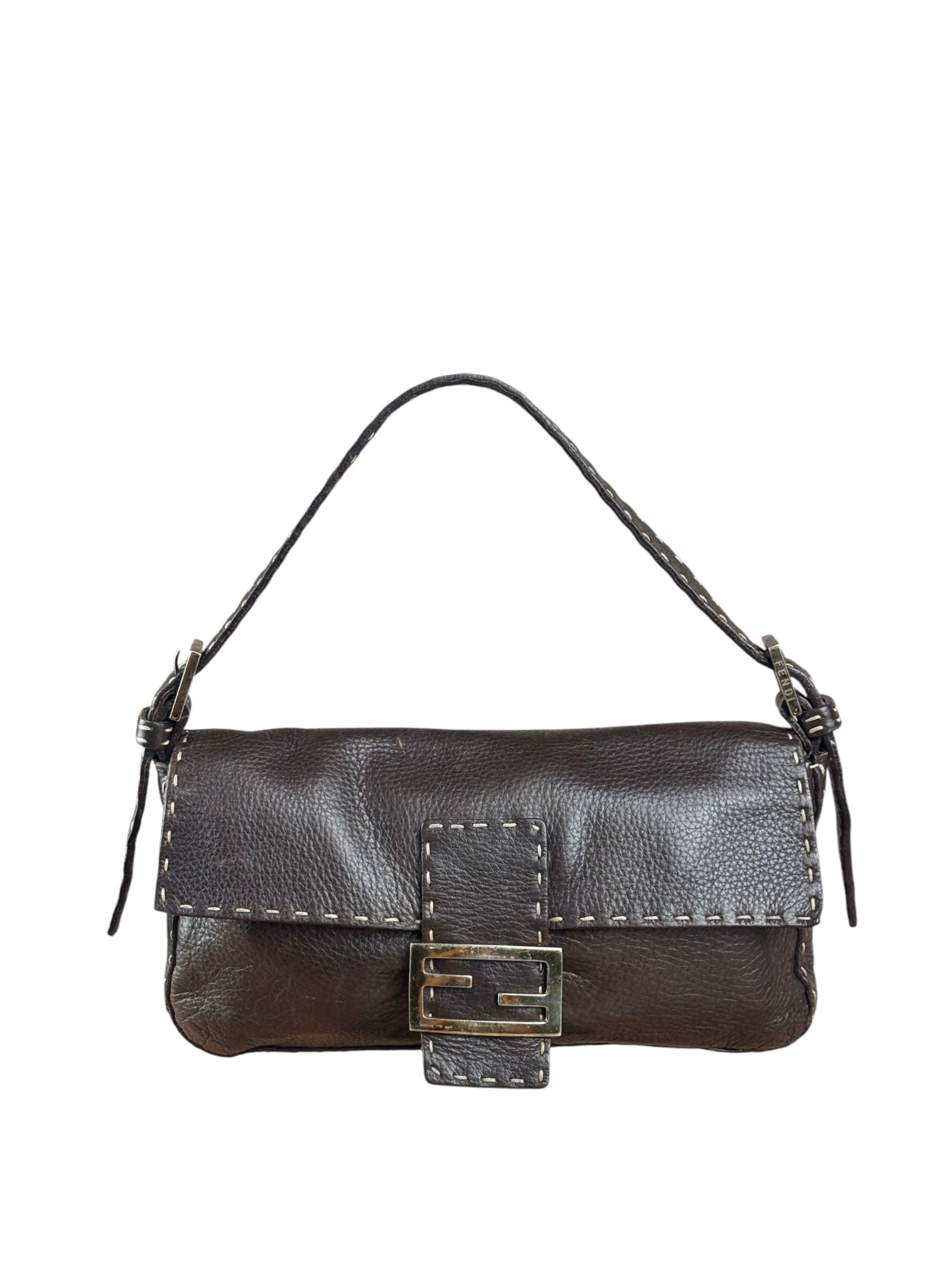 Fendi Selleria Brown Leather Stitched Baguette