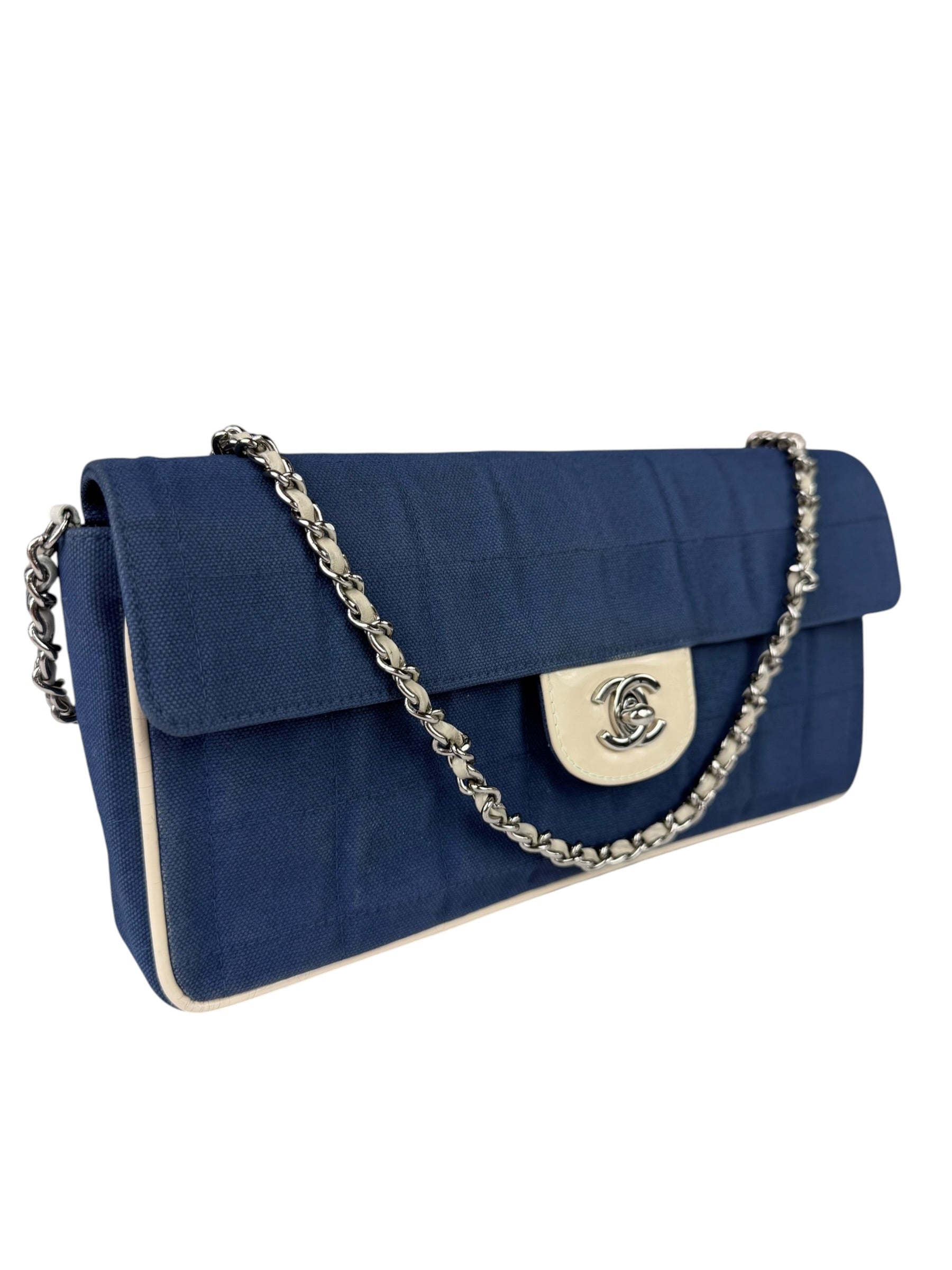 Chanel Blue/Cream Patent Leather Trim East-West Chocolate Bar Shoulder Bag 2002