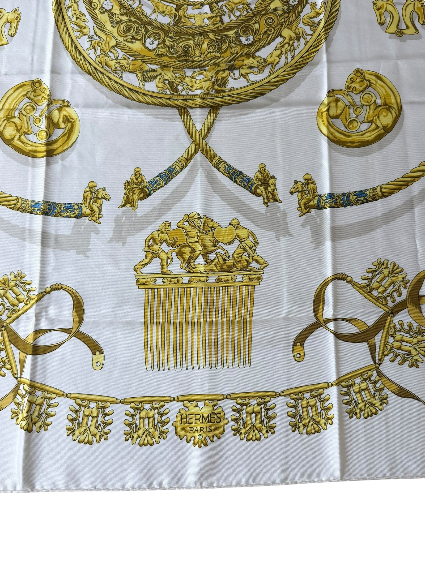 Hermes Ivory Gold Emblem Print Silk Scarf