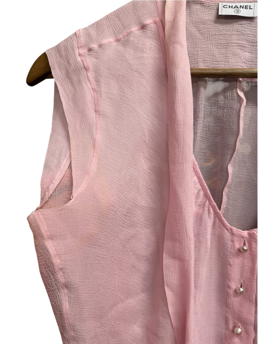 Vintage Chanel Faux Pearl Pink Sheer Silk Blouse