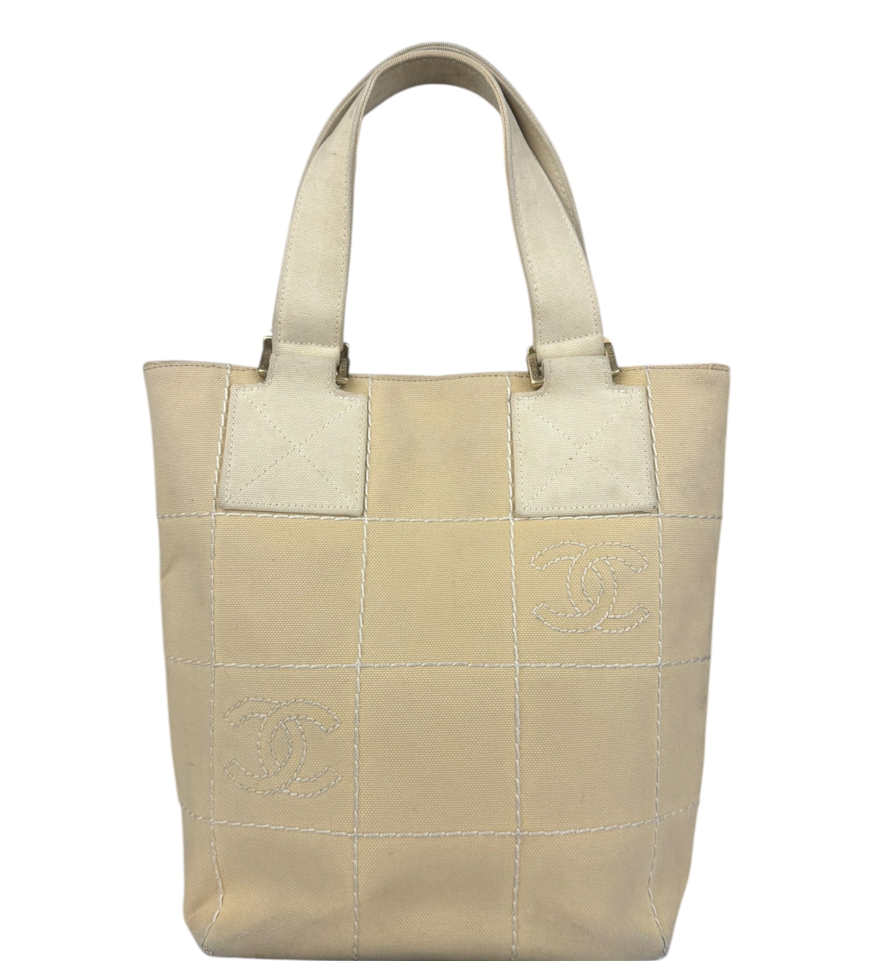 Chanel Vintage Beige Canvas Quilted Chocolate Bar Tote 2003