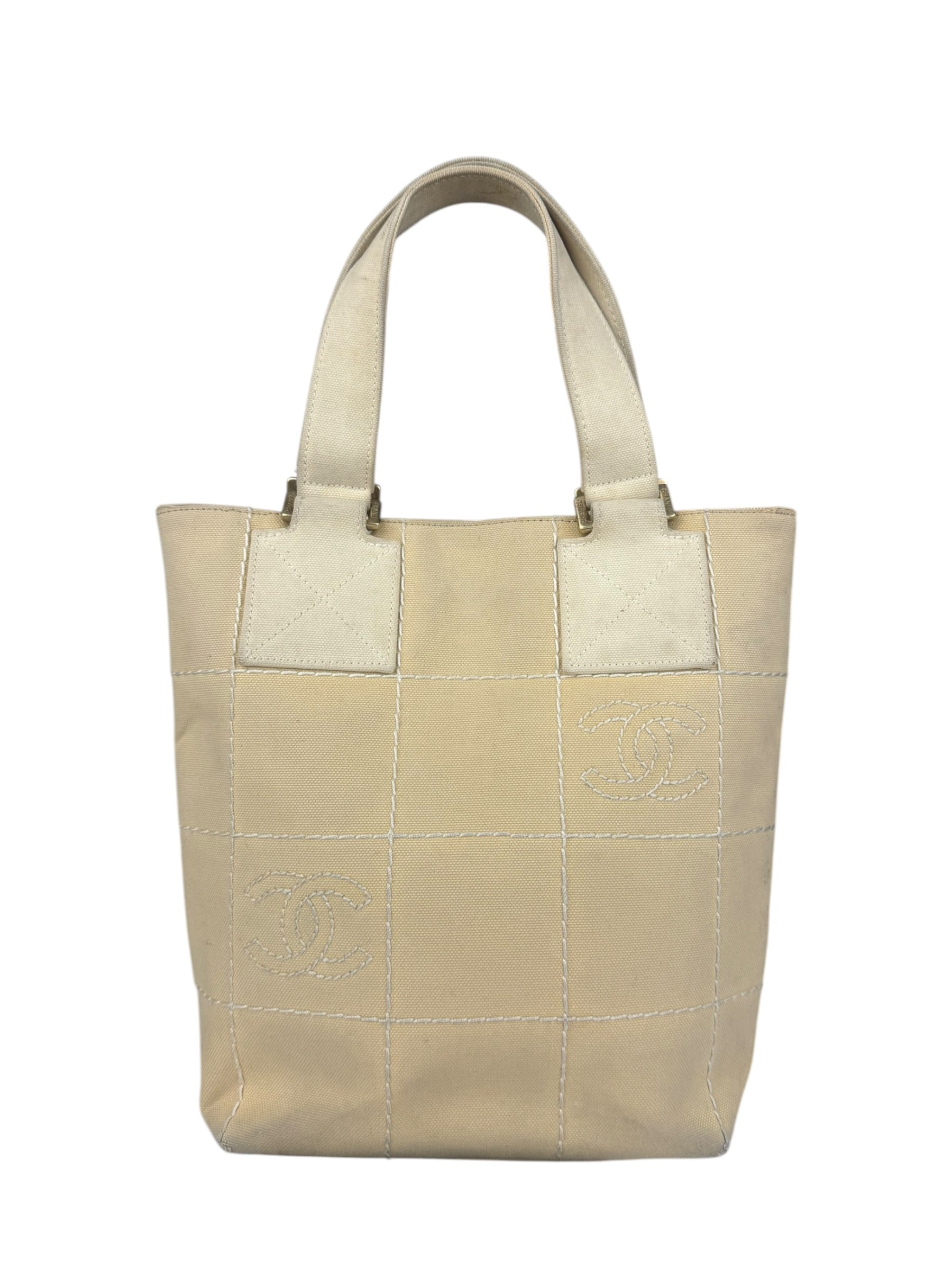 Chanel Vintage Beige Canvas Quilted Chocolate Bar Tote 2003