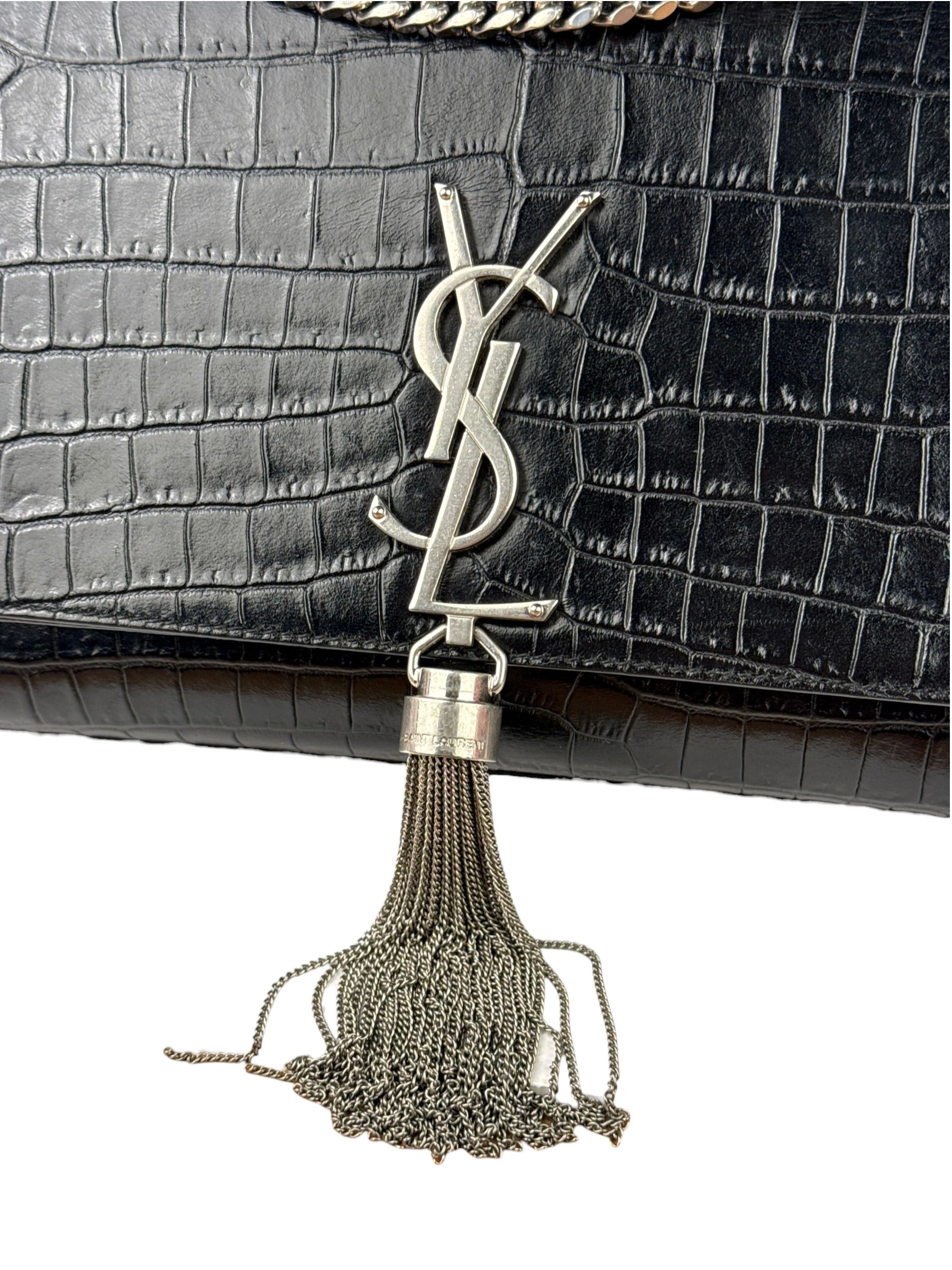 Yves Saint Laurent Black Croc-Embossed Calfskin Kate Tassel Shoulder Bag