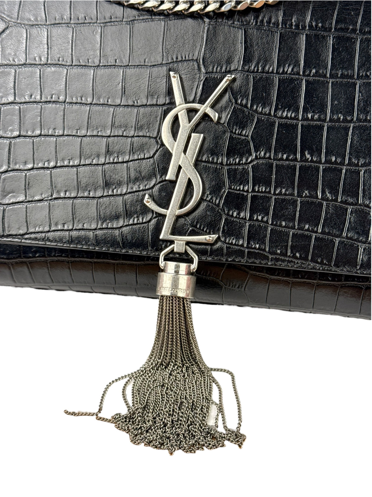 Yves Saint Laurent Black Croc-Embossed Calfskin Kate Tassel Shoulder Bag