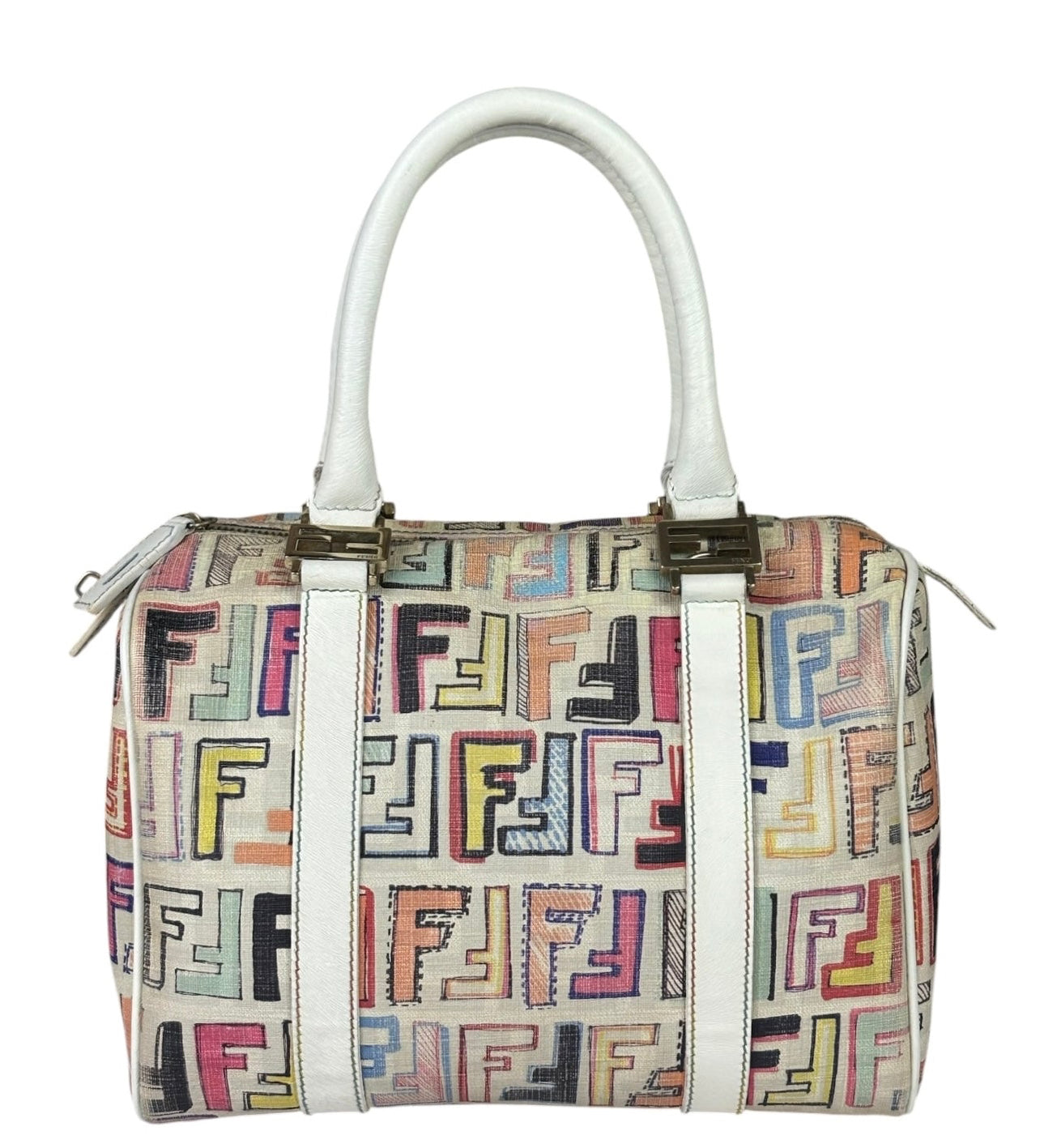 Fendi Beige Leather Multicolor Zucca Forever Boston Bag