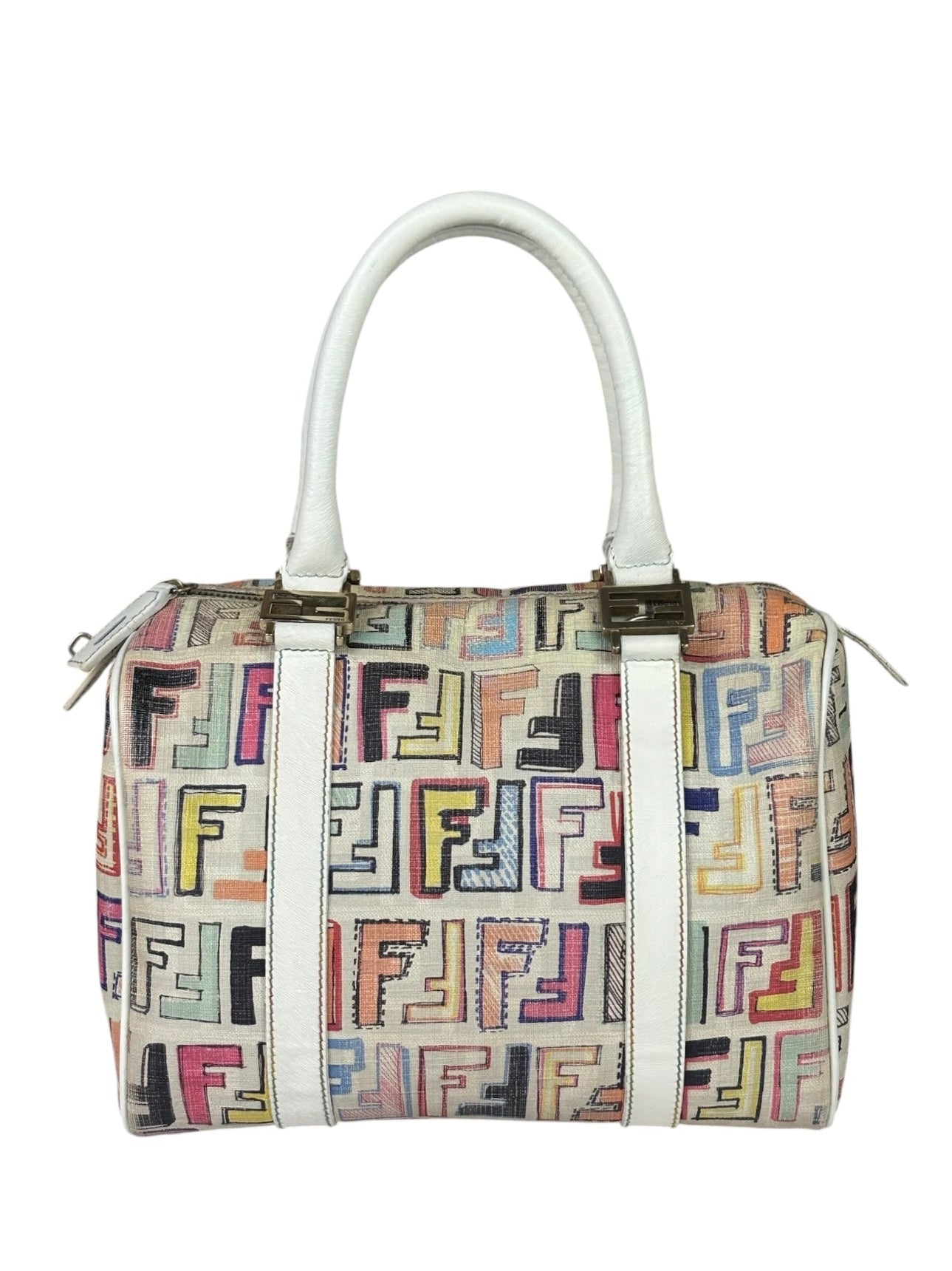 Fendi Beige Leather Multicolor Zucca Forever Boston Bag
