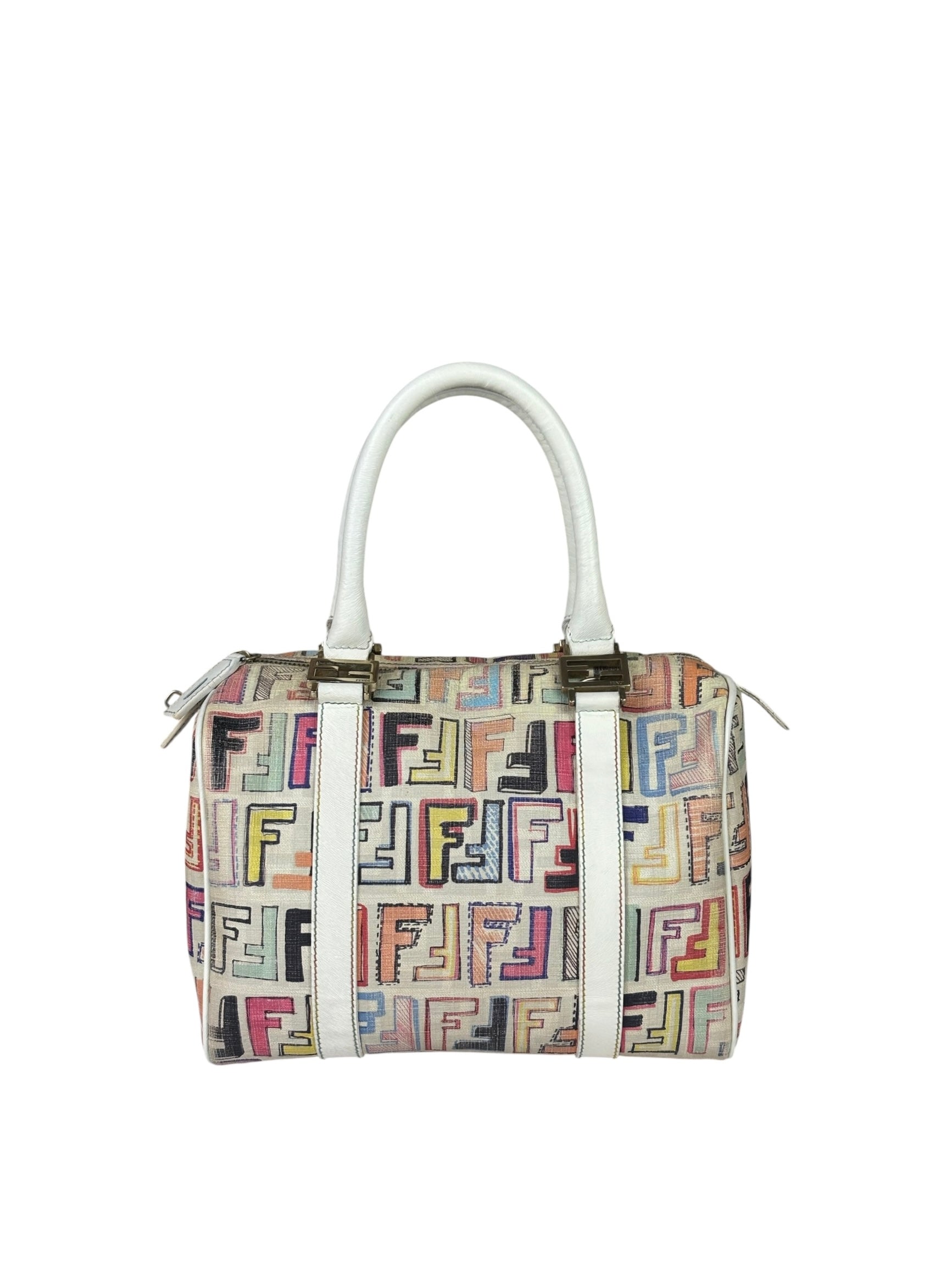 Fendi Beige Leather Multicolor Zucca Forever Boston Bag