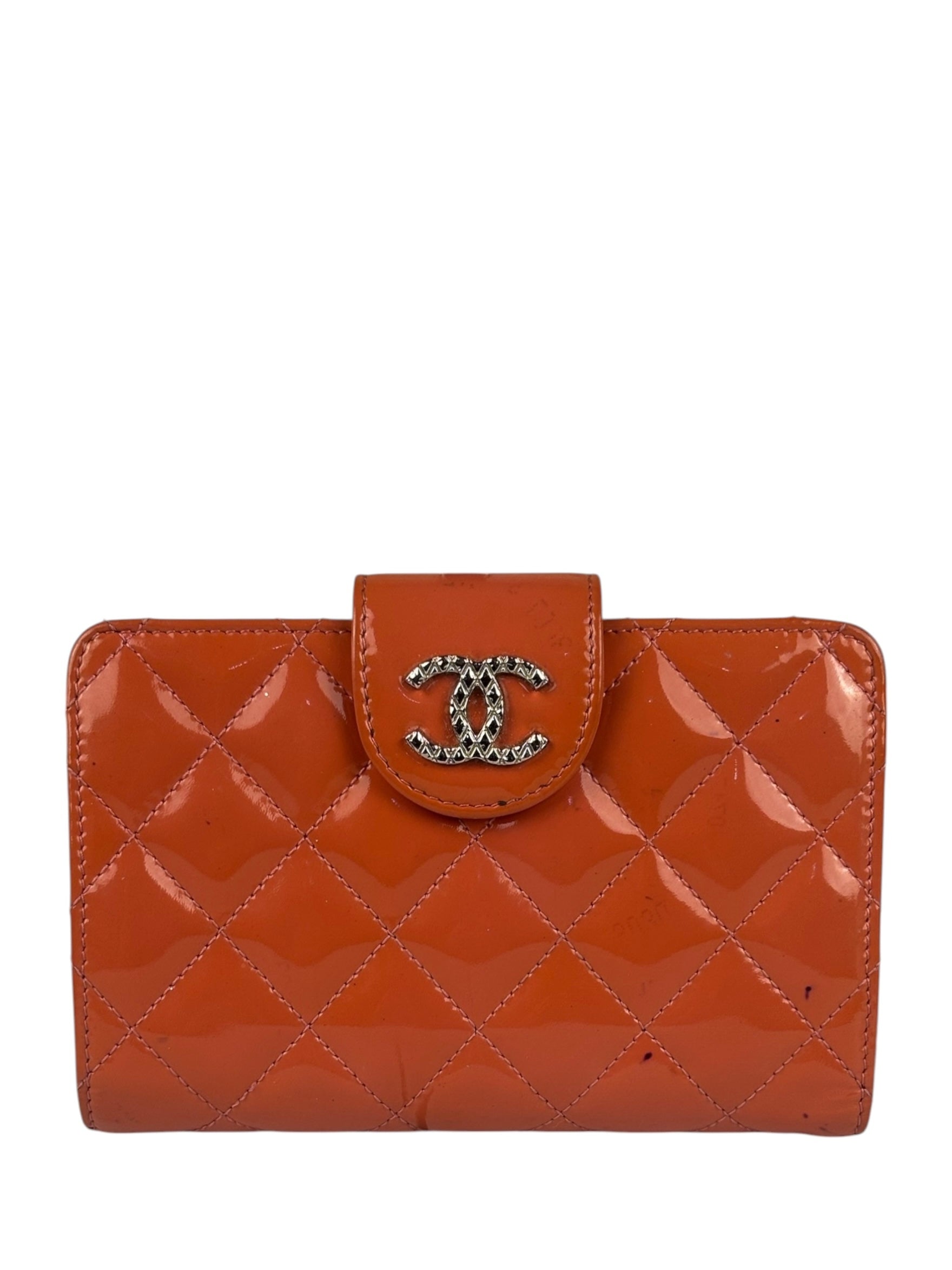 Chanel Peach Patent Quilted Compact Zip Wallet 2011