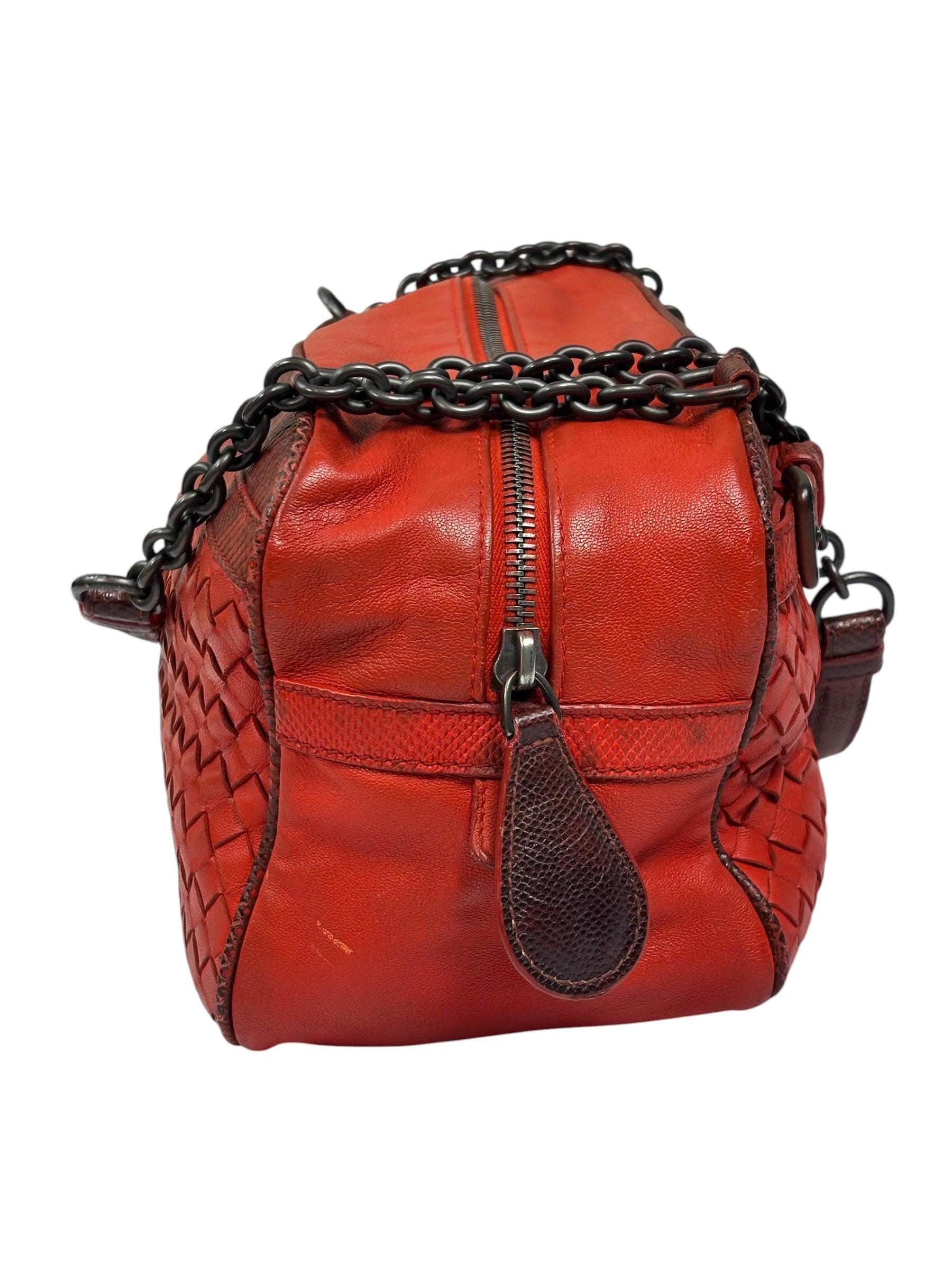 Bottega Veneta Red Lambskin/Lizard Intrecciato Shoulder Bag