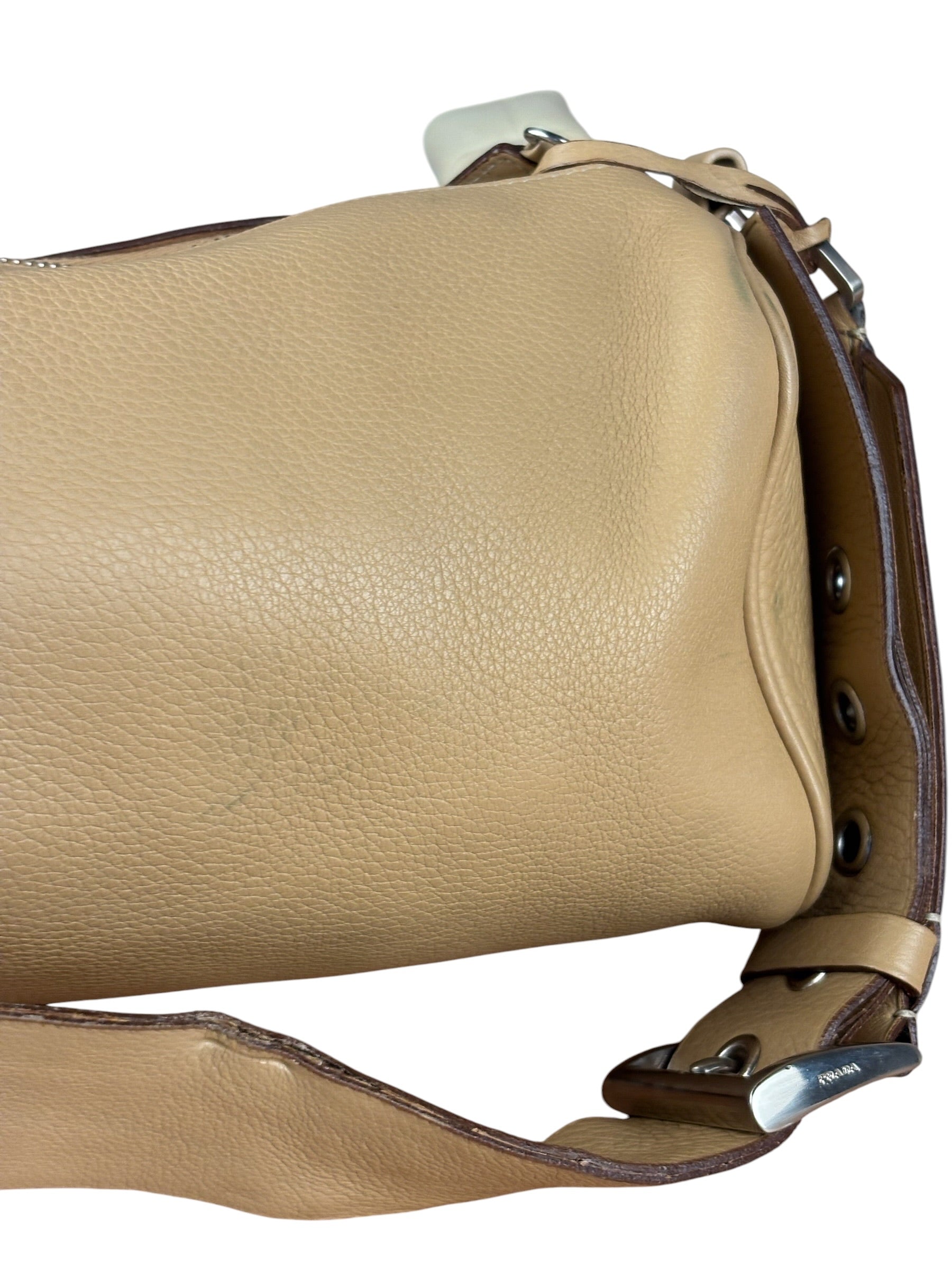 Prada Beige Leather Vitello Daino Buckle Shoulder Bag