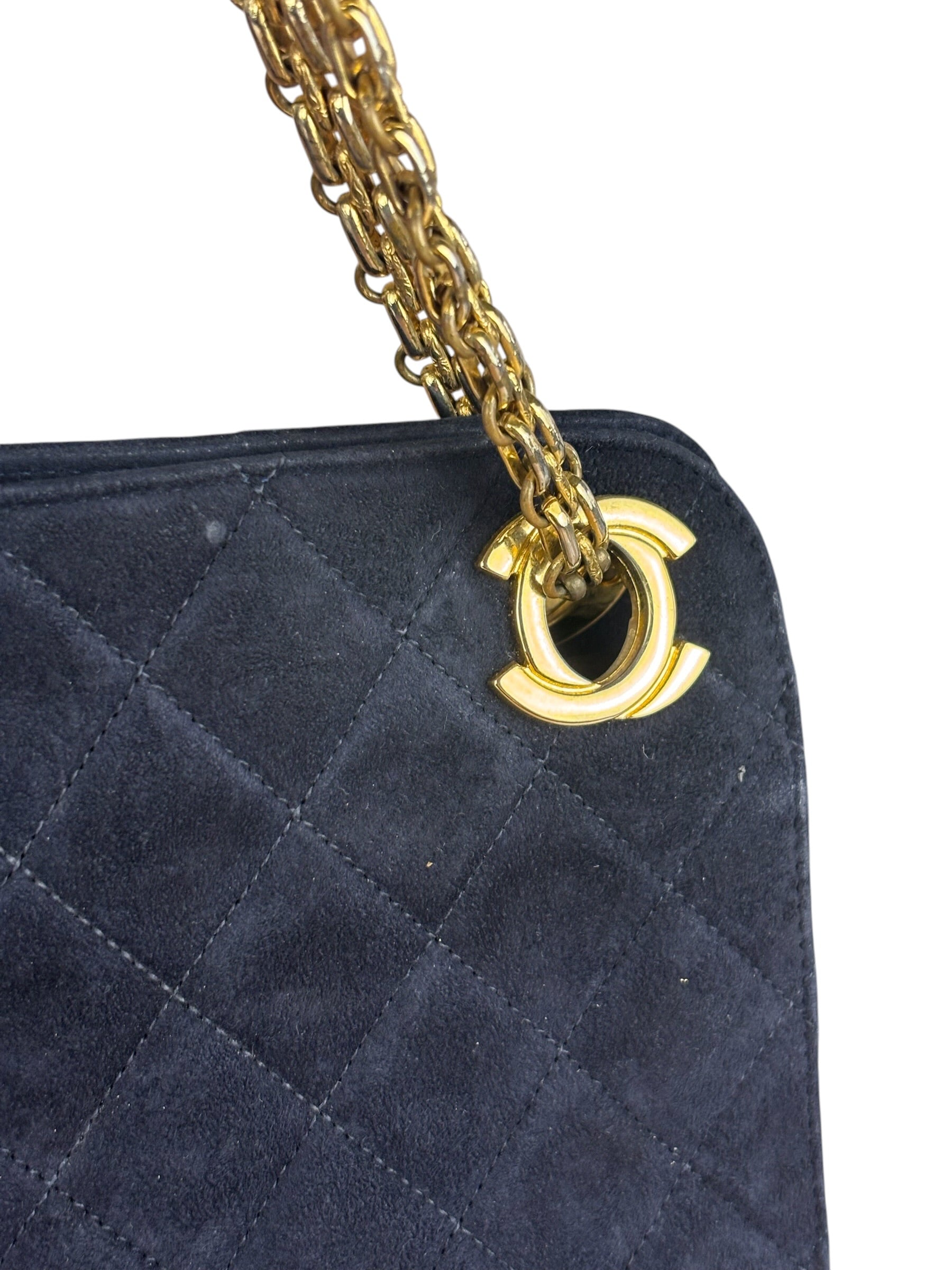 Chanel Vintage Navy Blue Matelasse Quilted Suede Chain Shoulder Bag