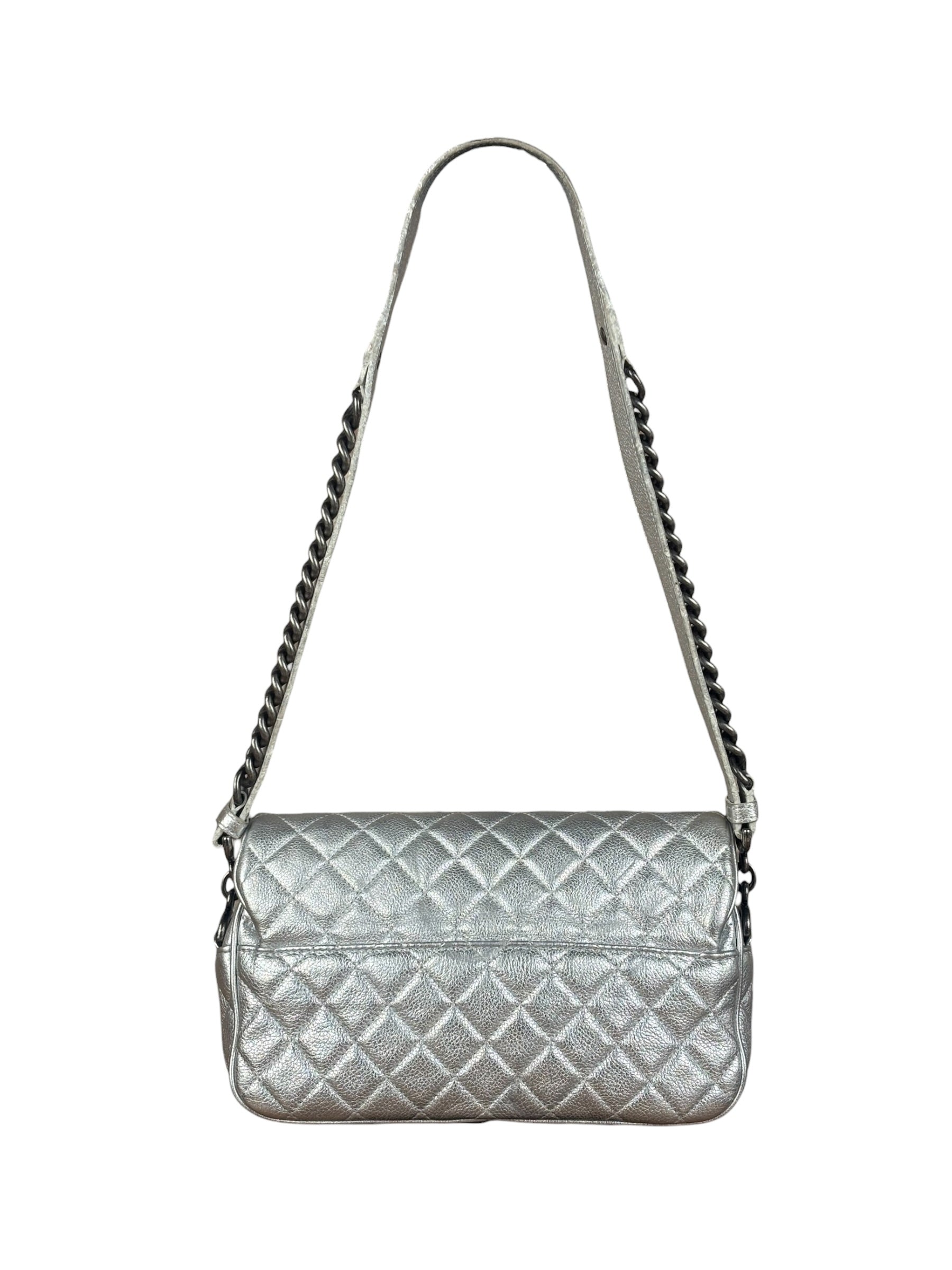 Chanel CC Silver Metallic Quilted Flap Shoulder Bag 2017