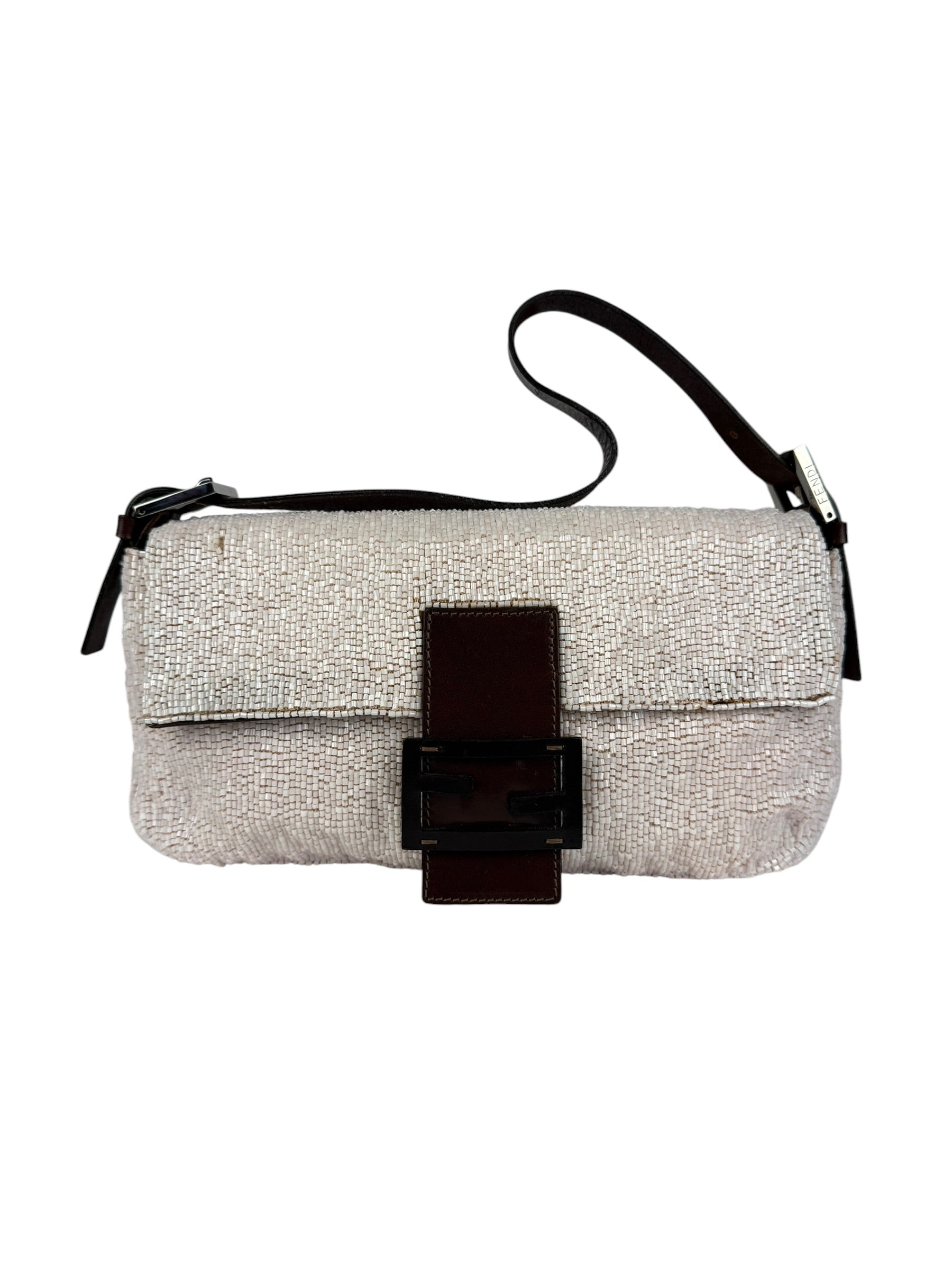 Fendi Leather-Trimmed Beaded Baguette Light Pink