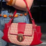 Fendi Red Leather Trim Zucca Compliation Shoulder Bag