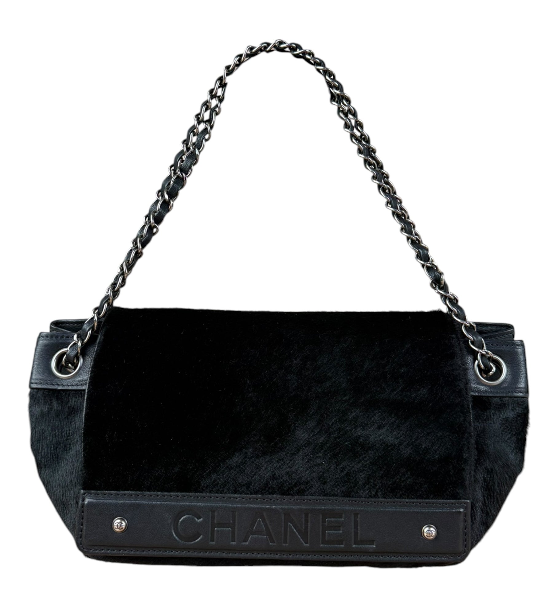 Chanel Black Leather Pony Hair Flap Chain Shoulder Bag 2005