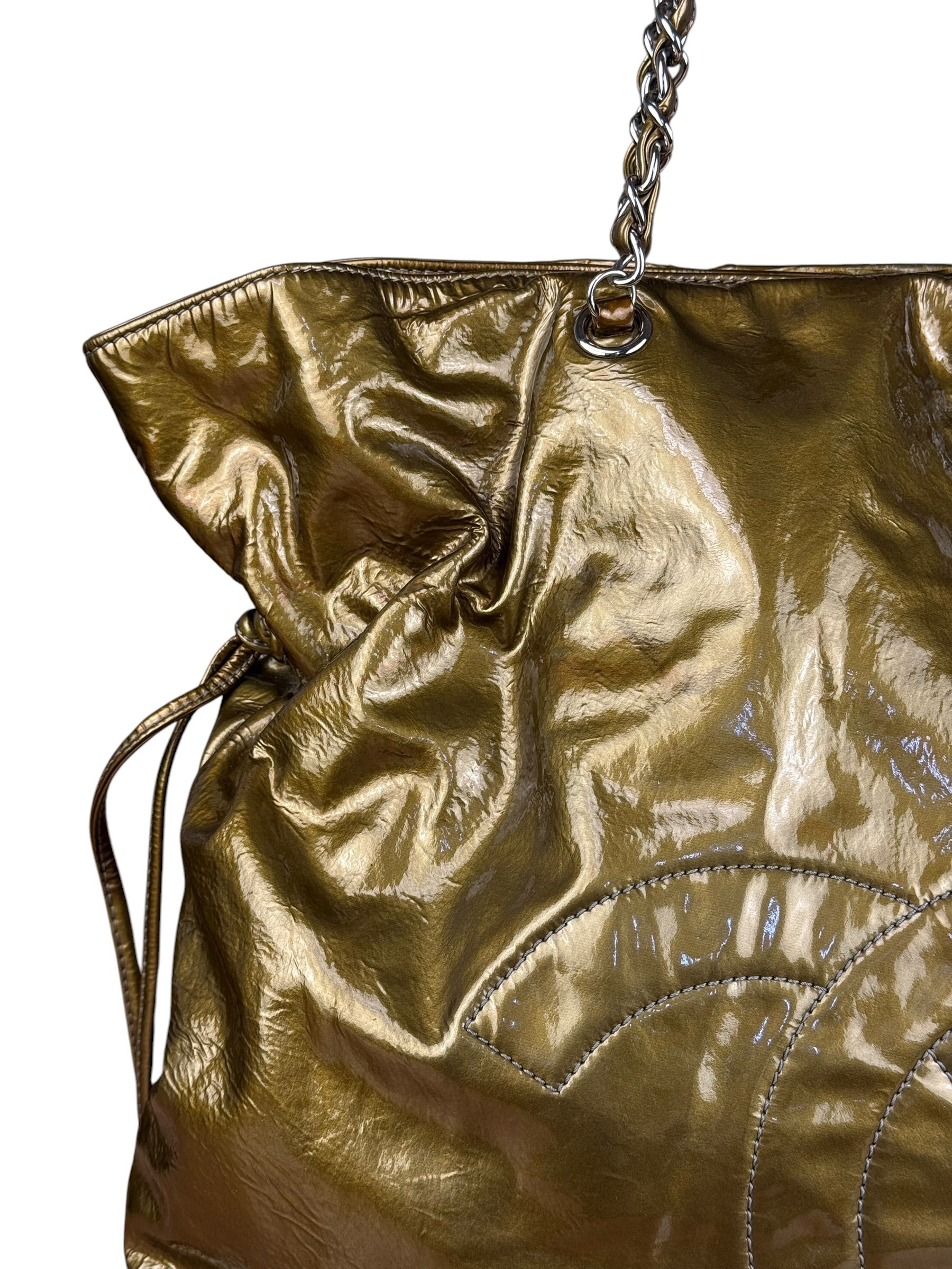 Chanel CC Green Metallic Patent Leather BonBon Chain Cinch Tote 2008