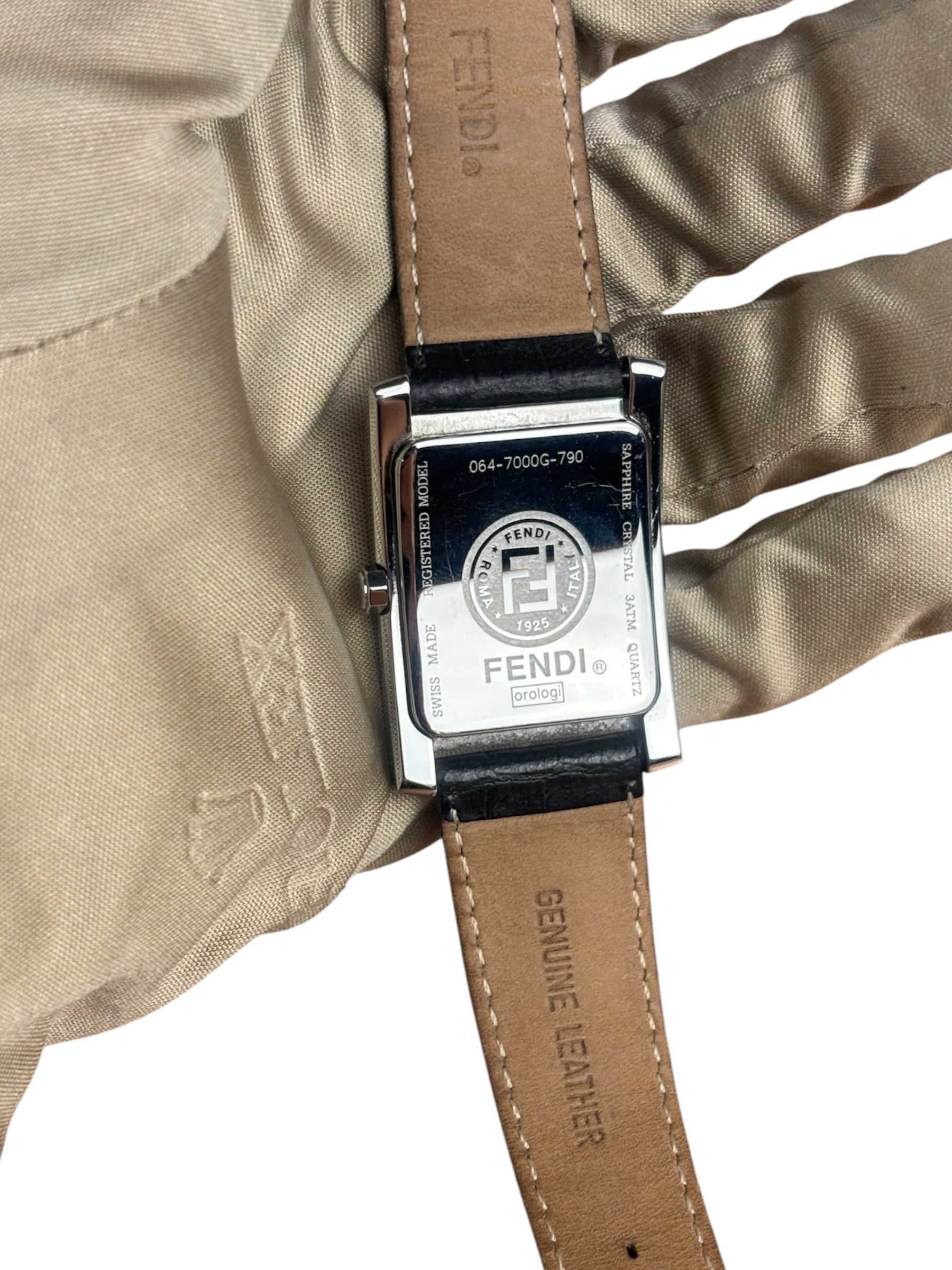 Fendi 7000G Black Leather Rectangular Stainless Steel Dial Watch