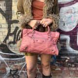 Balenciaga Muted Pink Leather Moto Classic City Bag