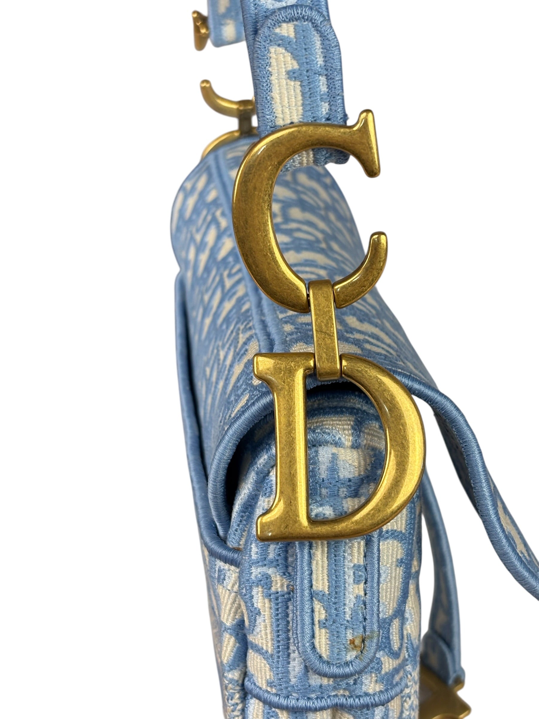 Christian Dior Blue/White Oblique Embroidered Saddle Bag