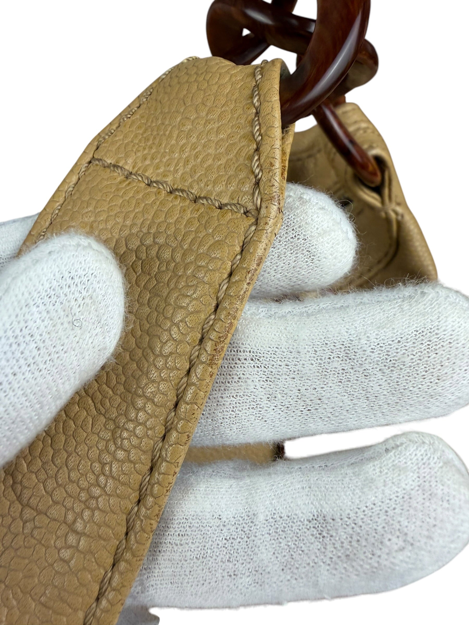 Chanel CC Vintage Beige Leather Caviar Wood Chain Hobo Bag