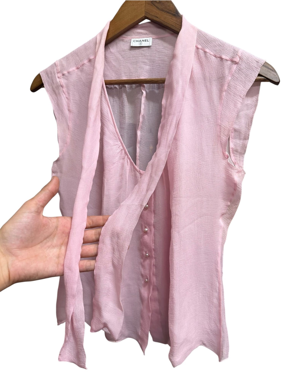 Vintage Chanel Faux Pearl Pink Sheer Silk Blouse