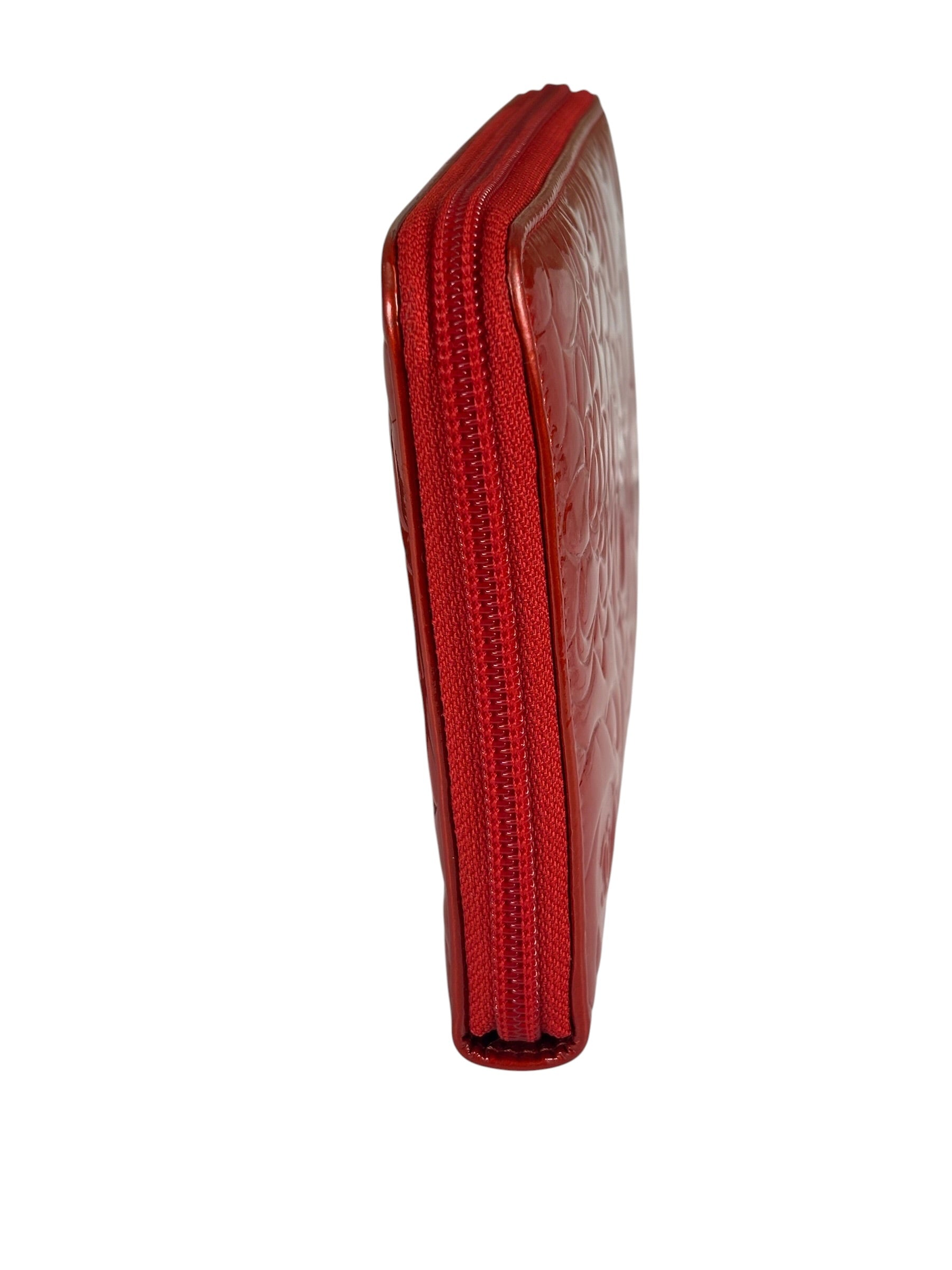 Chanel Red Patent Leather Embossed Camellia Zip-Around Wallet 2010