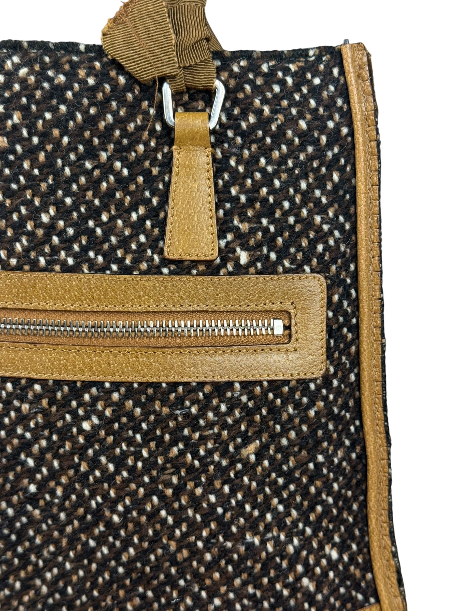 Prada Vintage Brown/Black Woven Tweed Trim Tote Handbag