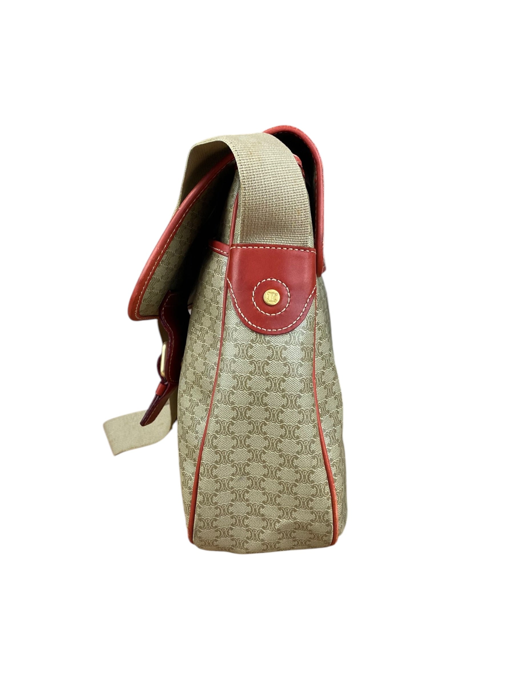 Celine Vintage Macadam Print Red Lined Flap Messenger Bag