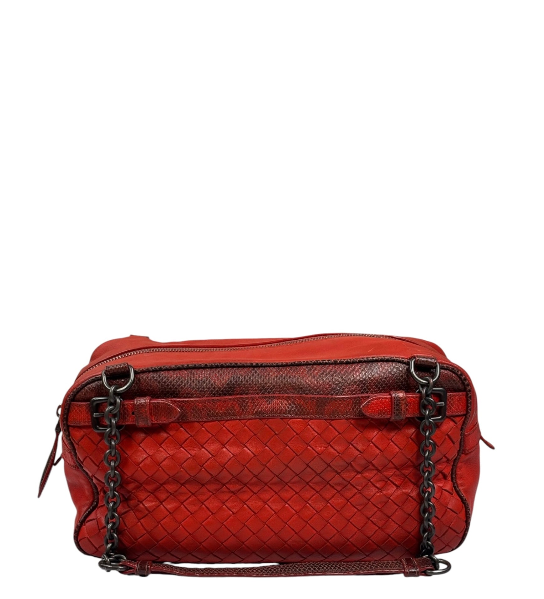 Bottega Veneta Red Lambskin/Lizard Intrecciato Shoulder Bag