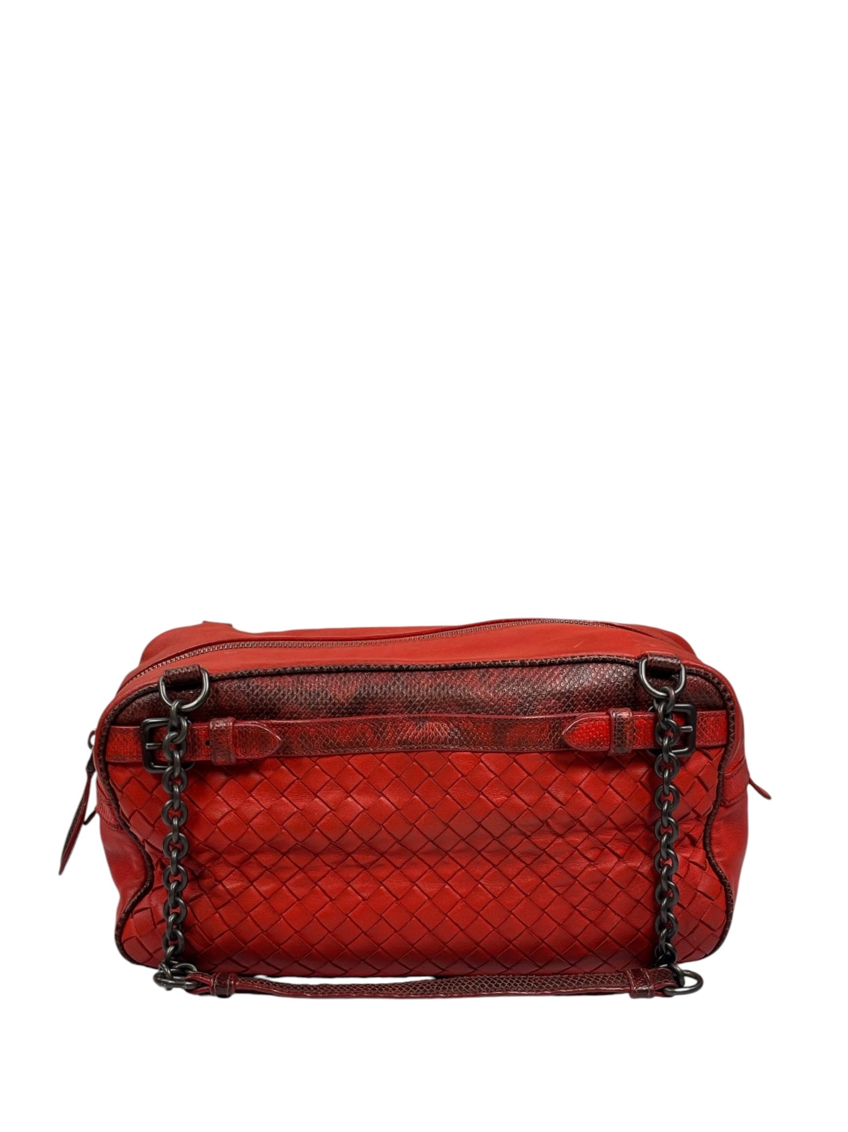 Bottega Veneta Red Lambskin/Lizard Intrecciato Shoulder Bag