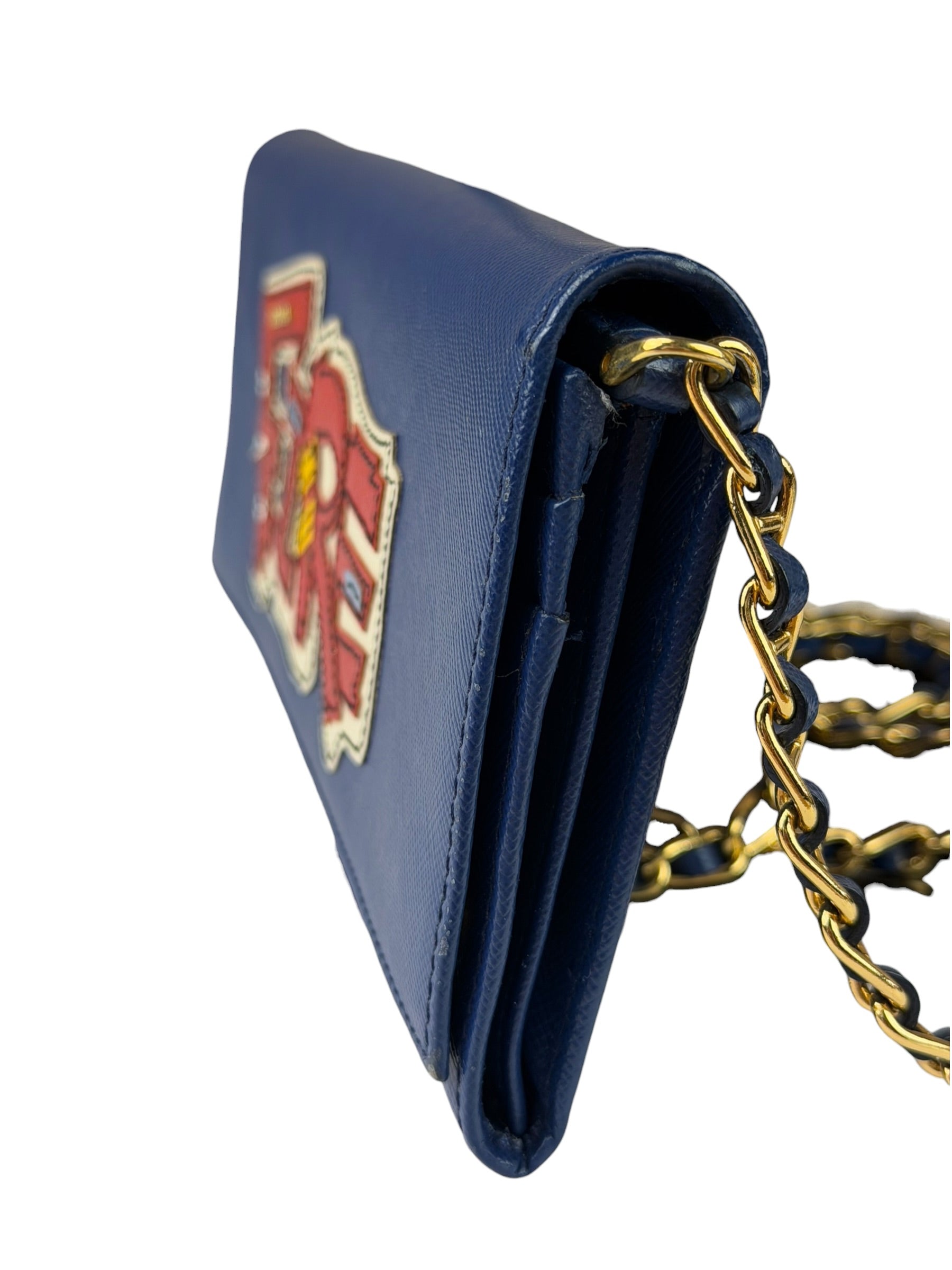 Prada Blue Saffiano Leather Fire Flap Wallet On Chain