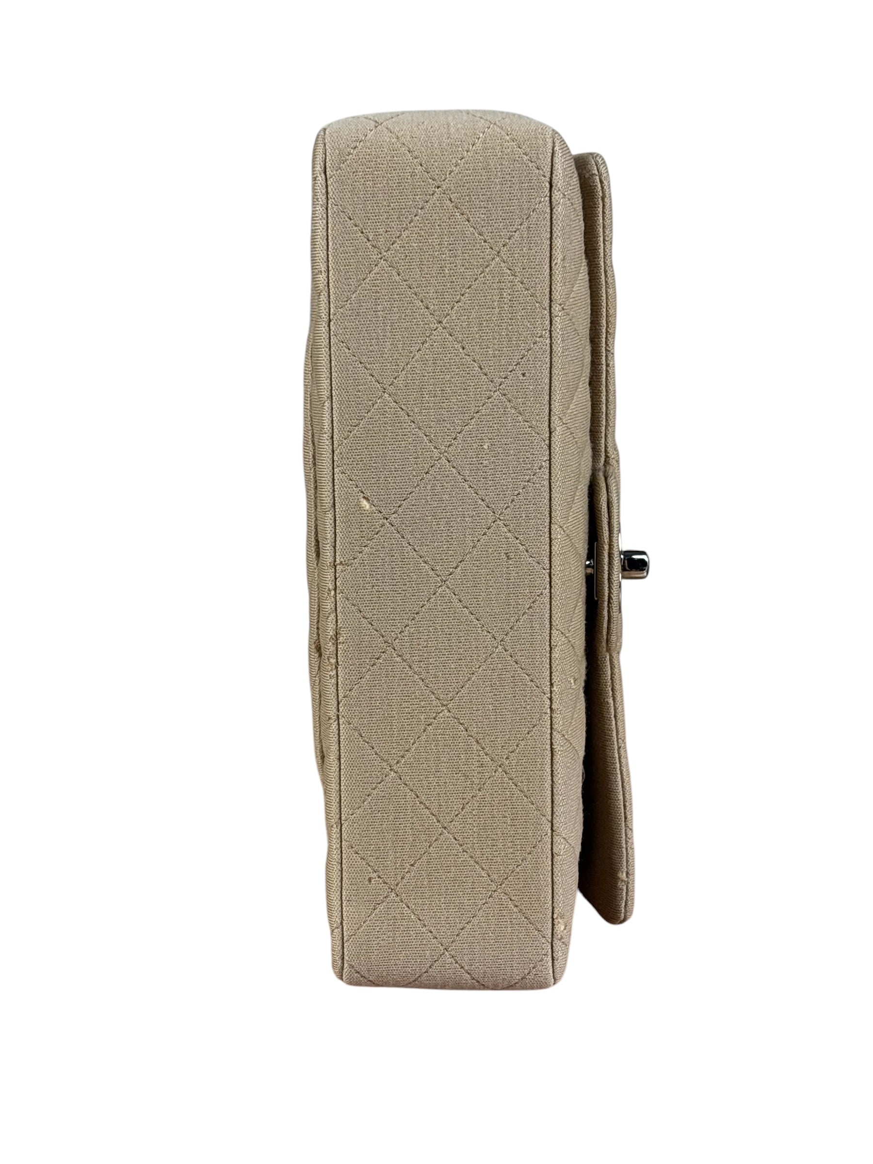 Chanel Beige Jersey Leather Trim Classic Double Flap Bag 2005