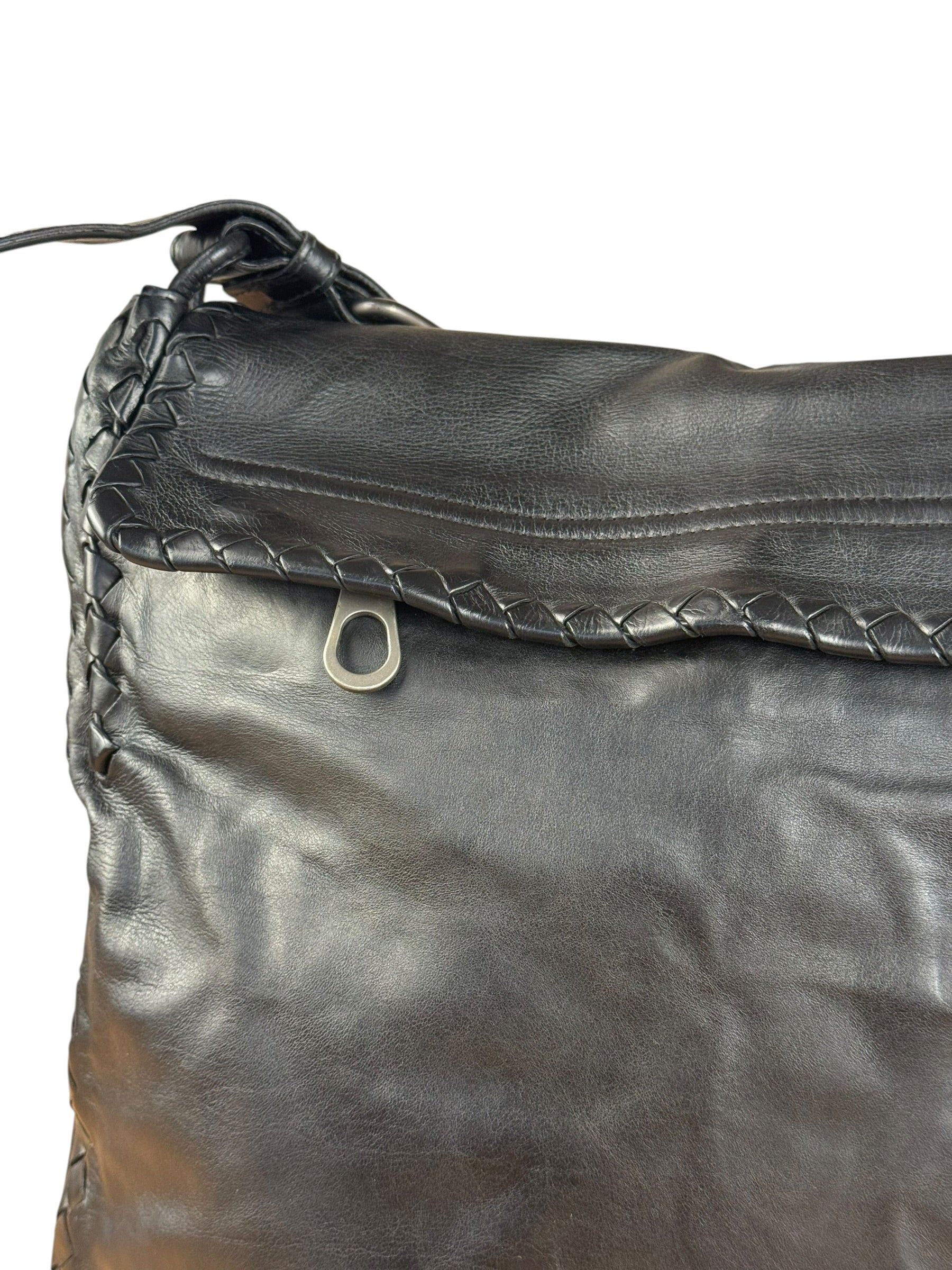 Bottega Veneta Black Intrecciato Leather Flap Messenger Bag