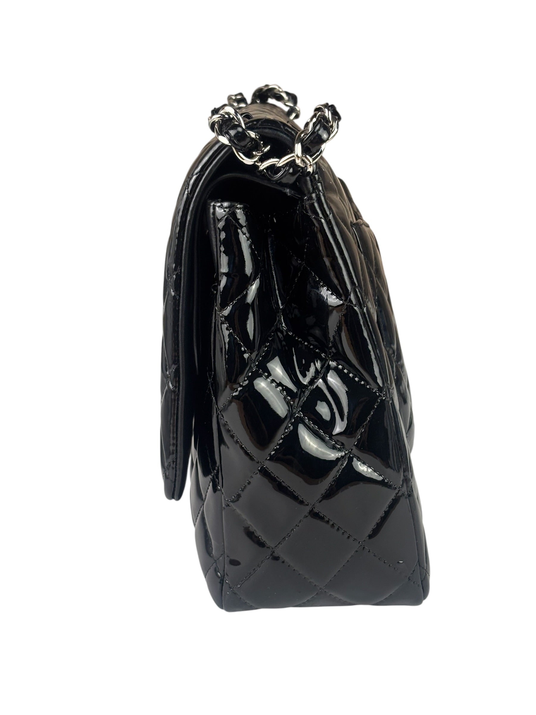 Chanel Black Patent Leather Quilted Leather Double Flap Jumbo Bag 2012