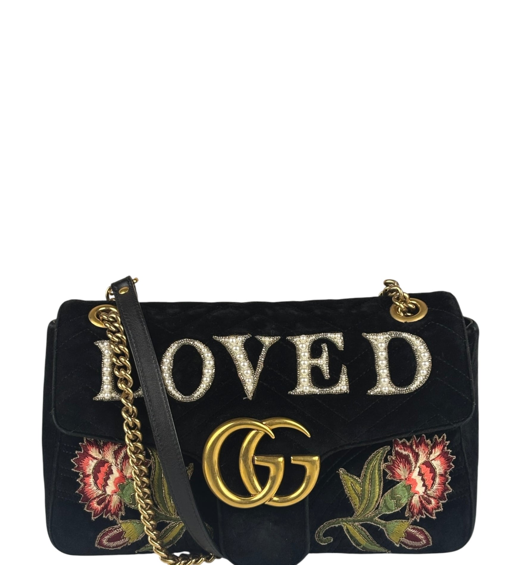 Gucci Black Velvet Marmont Floral Embroidered Shoulder Bag
