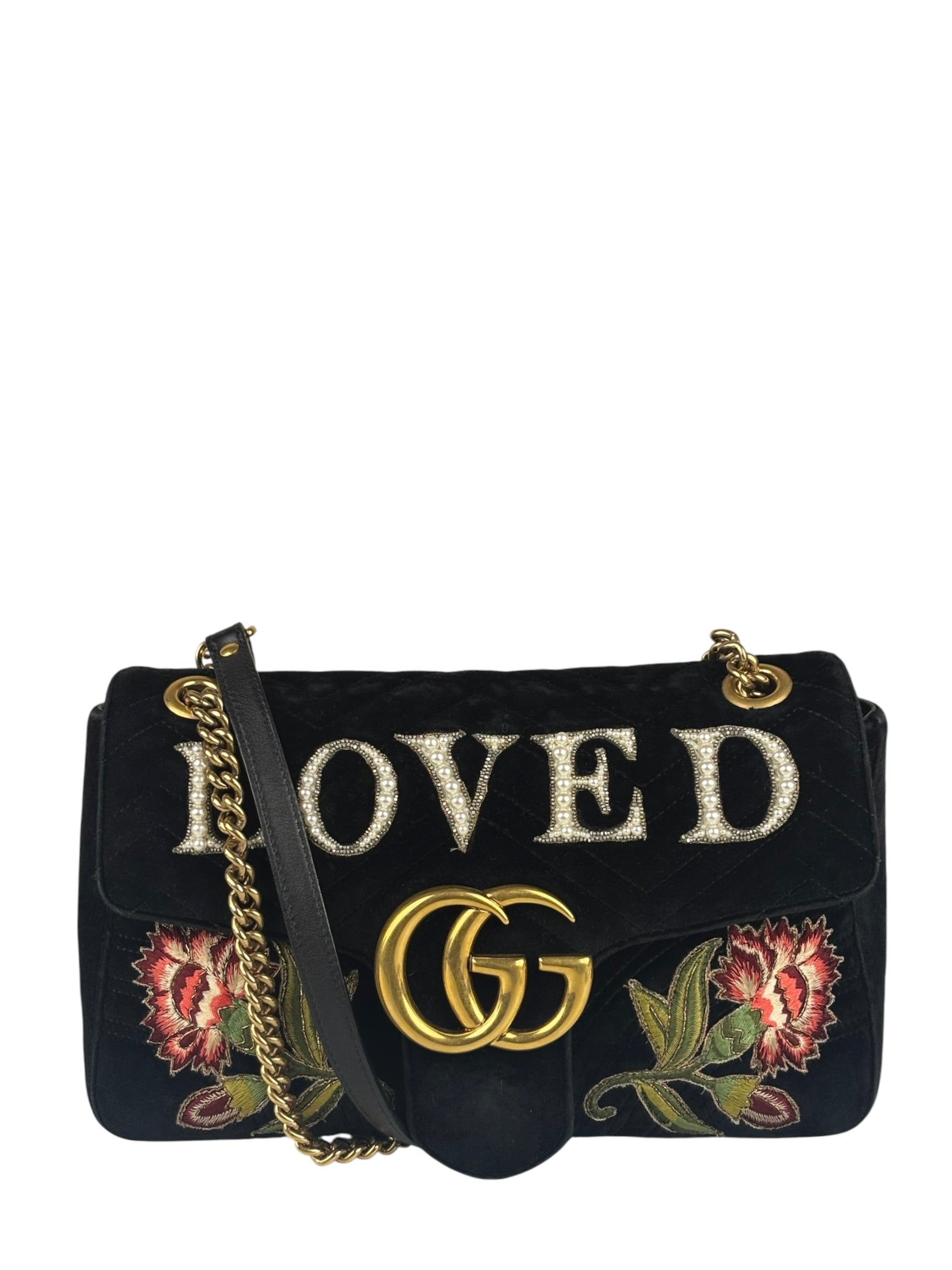 Gucci Black Velvet Marmont Floral Embroidered Shoulder Bag