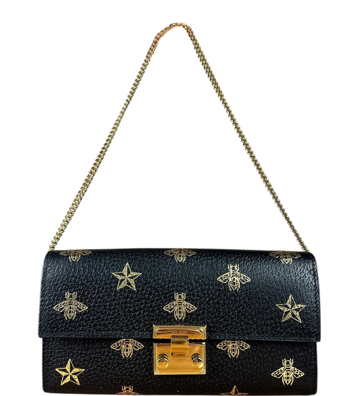 Gucci Leather Bees Padlock Continental Wallet On Chain Black