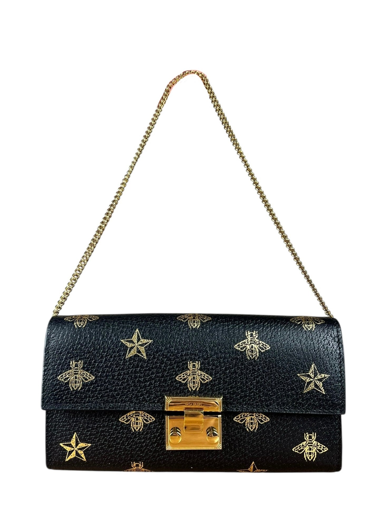 Gucci Leather Bees Padlock Continental Wallet On Chain Black