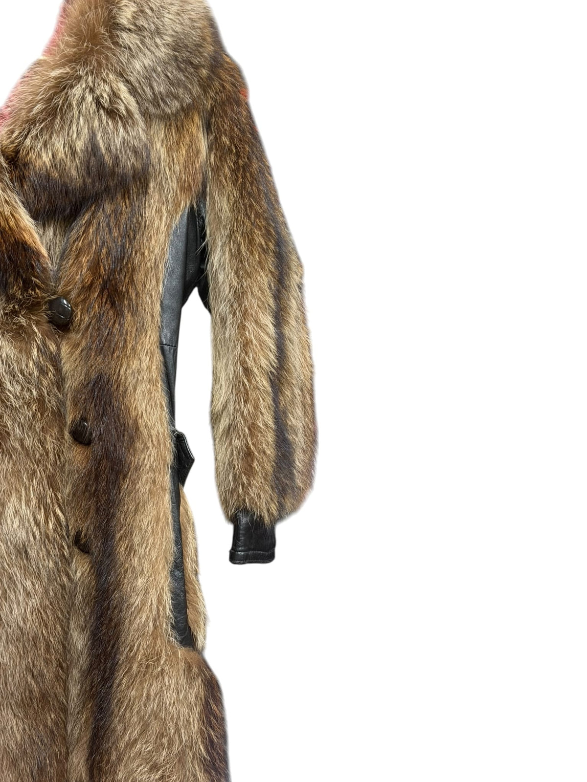 Vintage Brown Raccoon Fur Black Leather Peacoat