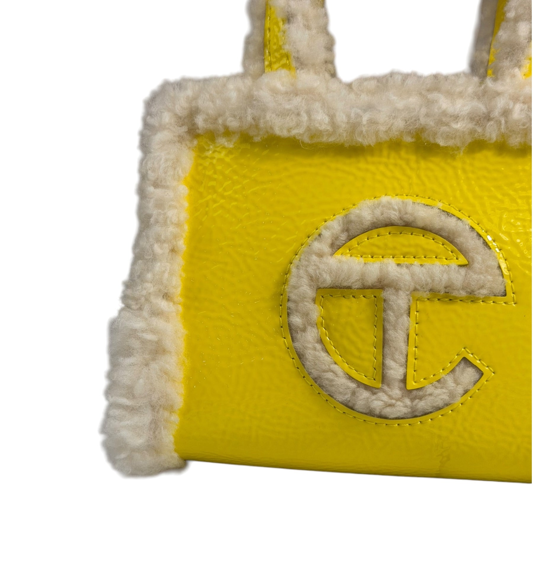 UGG x Telfar Yellow Patent Leather Fur Trim Small Shopper Crinkle In Taxi Tote