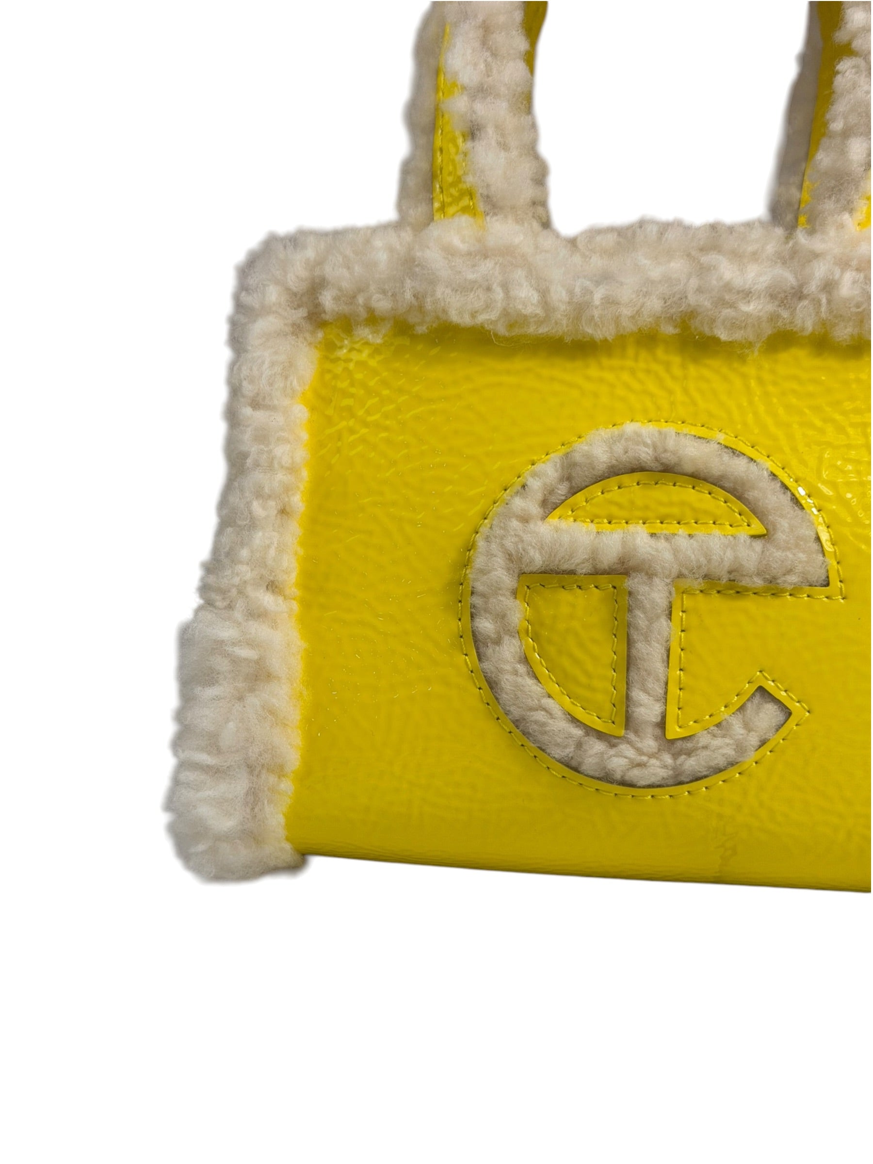 UGG x Telfar Yellow Patent Leather Fur Trim Small Shopper Crinkle In Taxi Tote