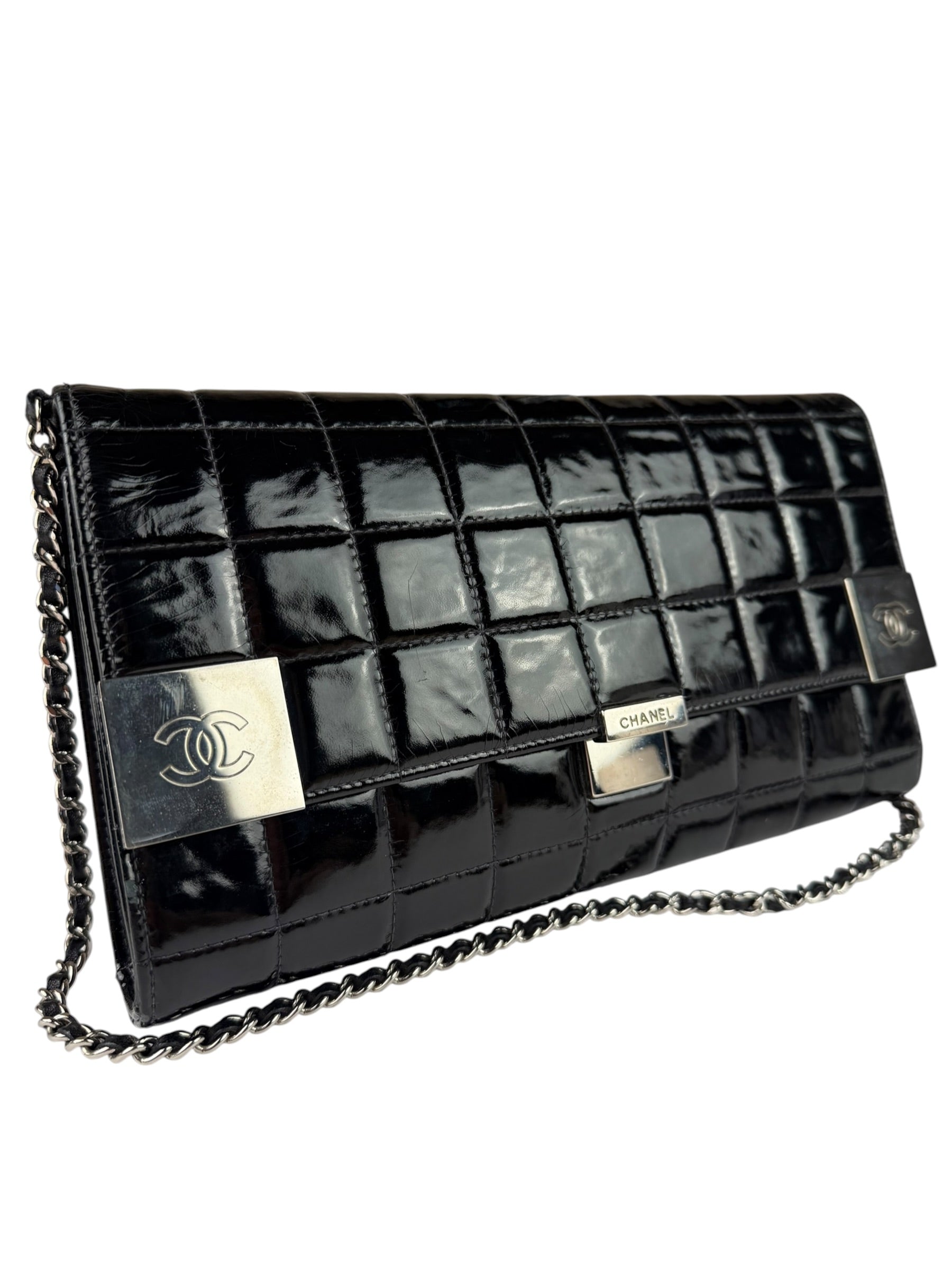 Chanel Black Patent Leather Chocolate Bar Flap Bag 2000