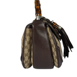 Gucci Brown Leather Trim GG Bamboo Handle Two-Way Bag