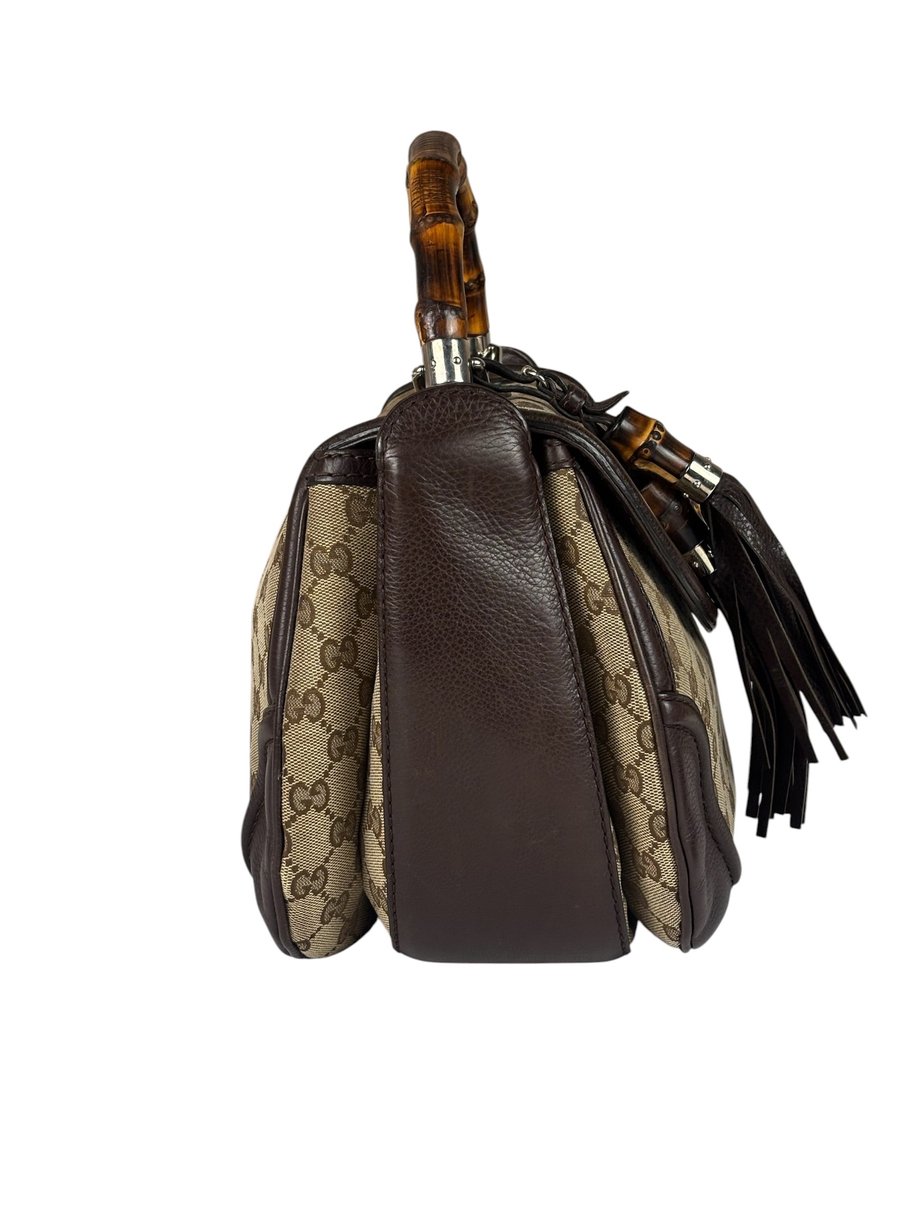 Gucci Brown Leather Trim GG Bamboo Handle Two-Way Bag