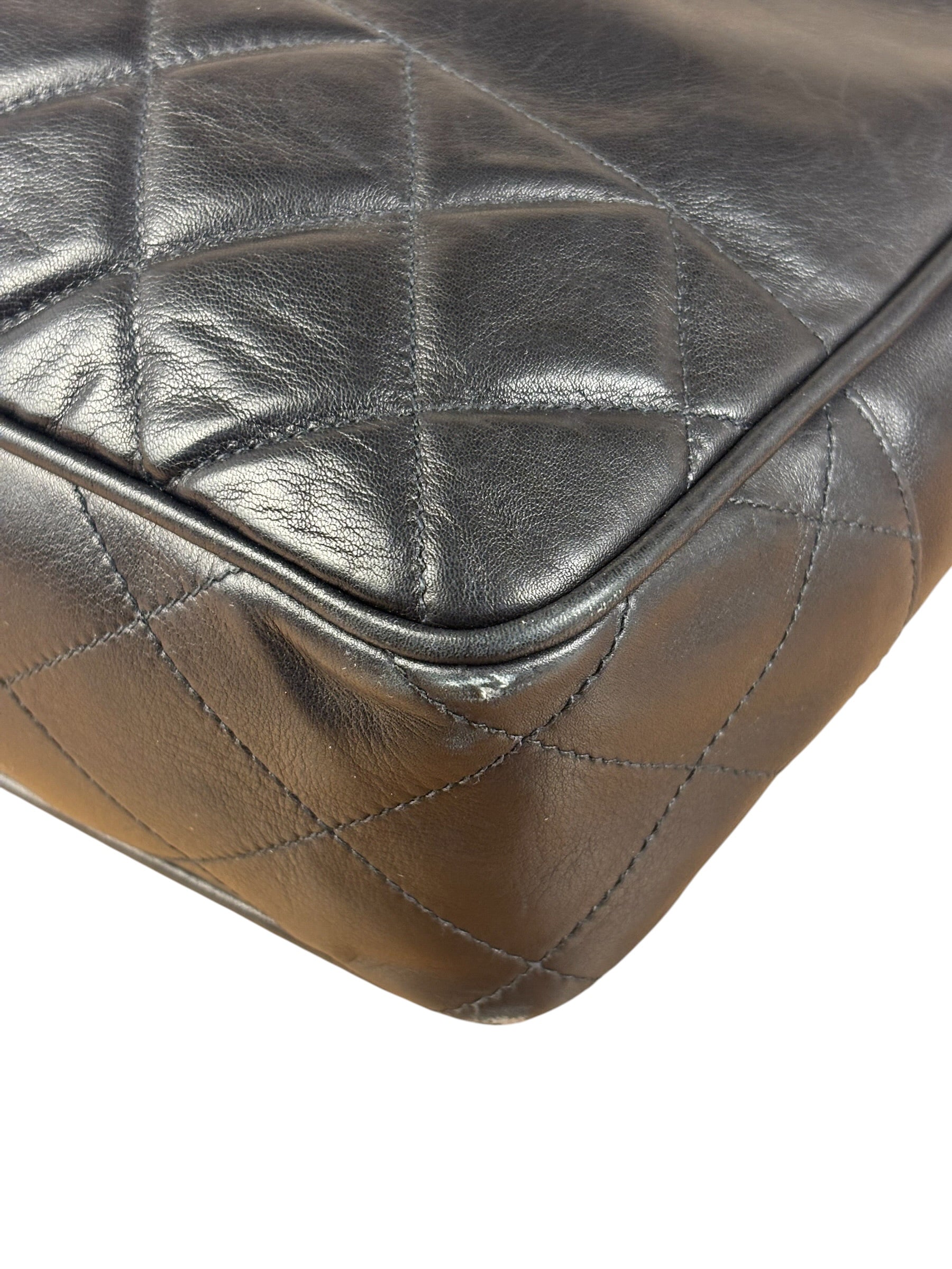Chanel Vintage Black Leather Quilted Bottom Chain Tote Bag 1987