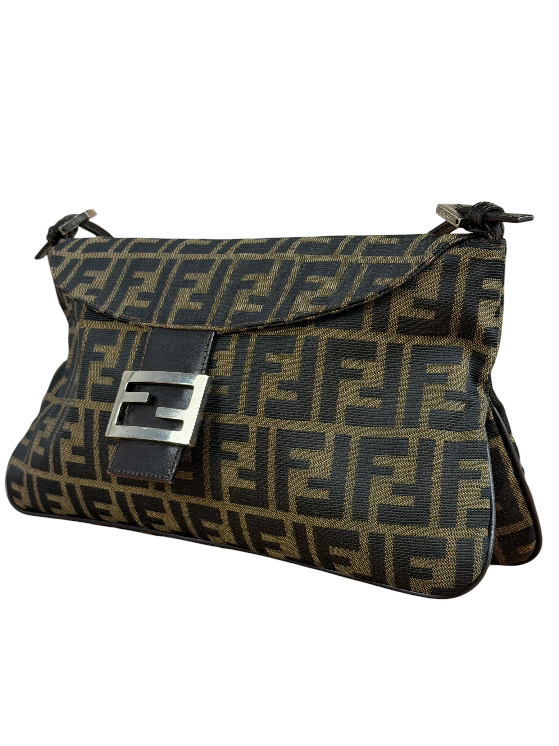 Fendi Brown Leather Trim Zucca FF Monogram Baguette