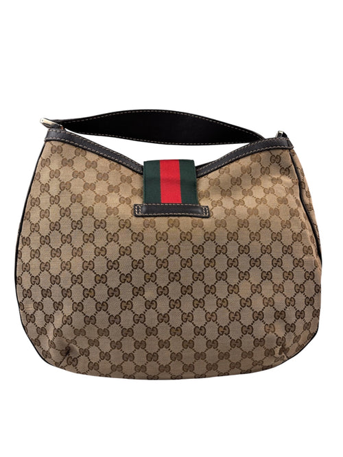 Gucci Beige/Brown Leather Trim Large Ladies Web Hobo Bag