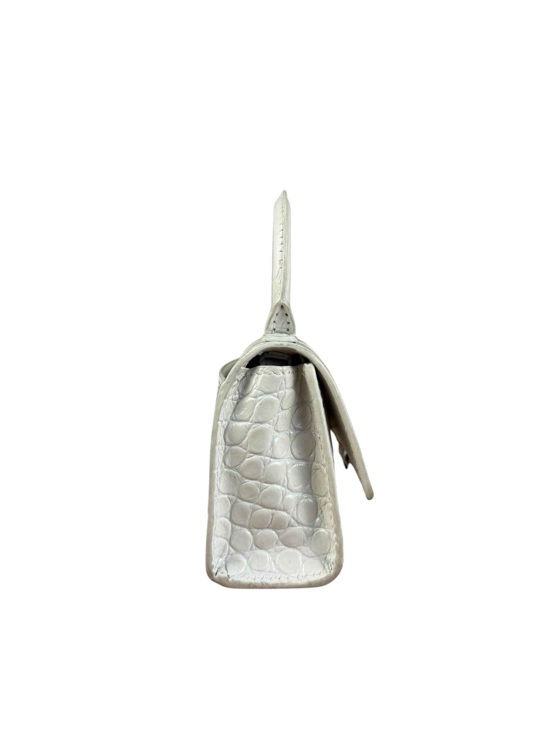 Balenciaga White Croc Embossed Nano Hourglass Bag