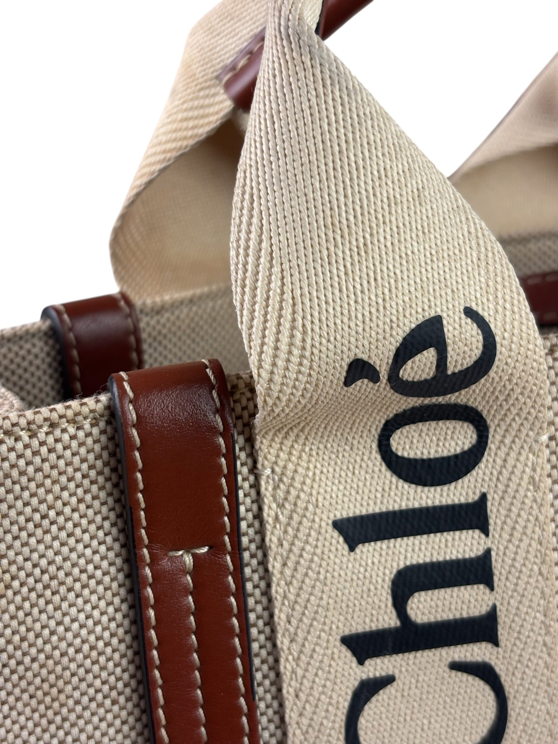 Chloe Beige/Brown Leather Trim Small Woody Two-Way Tote