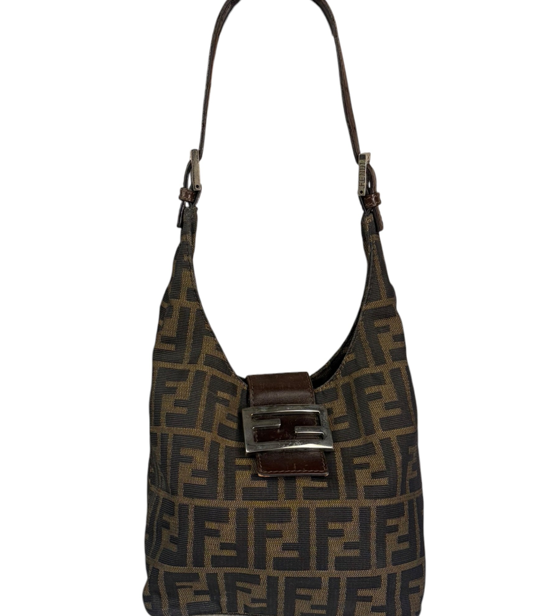Fendi Brown Leather Trim Zucca Hobo Bag